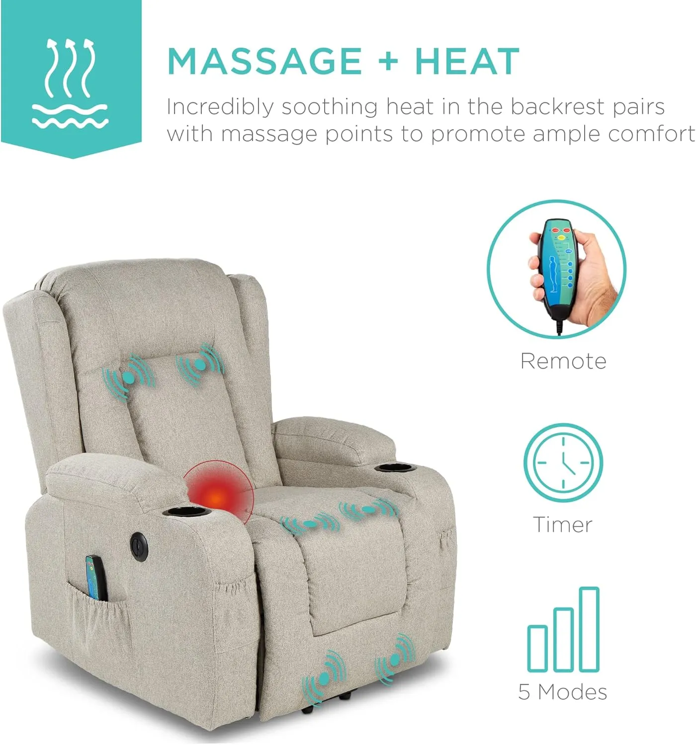 Best Choice Products Modern Linen Electric Power Lift Chair, Recliner Massage Chair, Adjustable Furniture for Back, Legs w/ 3 Positions, USB Port, Heat, Cupholders, Easy-to-Reach Button - Greige