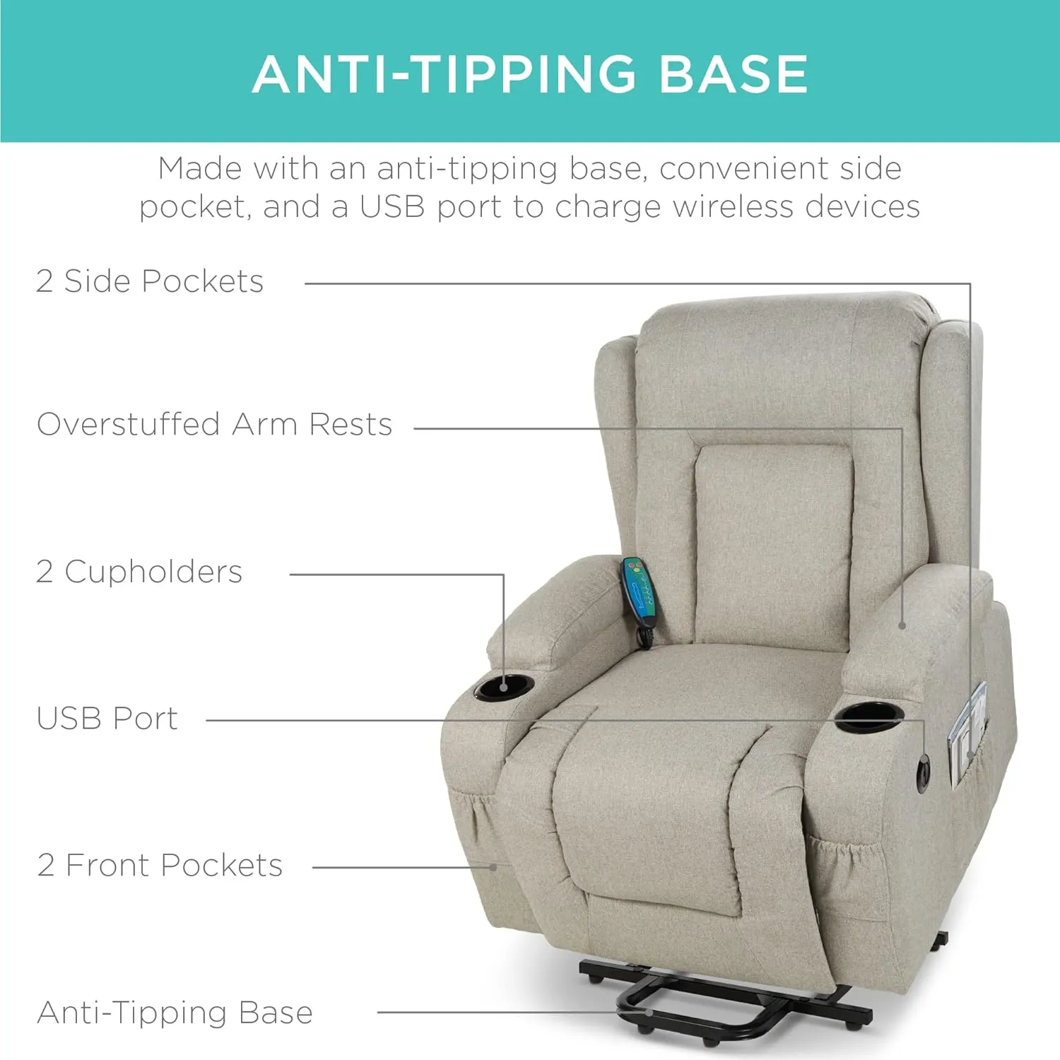 Best Choice Products Modern Linen Electric Power Lift Chair, Recliner Massage Chair, Adjustable Furniture for Back, Legs w/ 3 Positions, USB Port, Heat, Cupholders, Easy-to-Reach Button - Greige