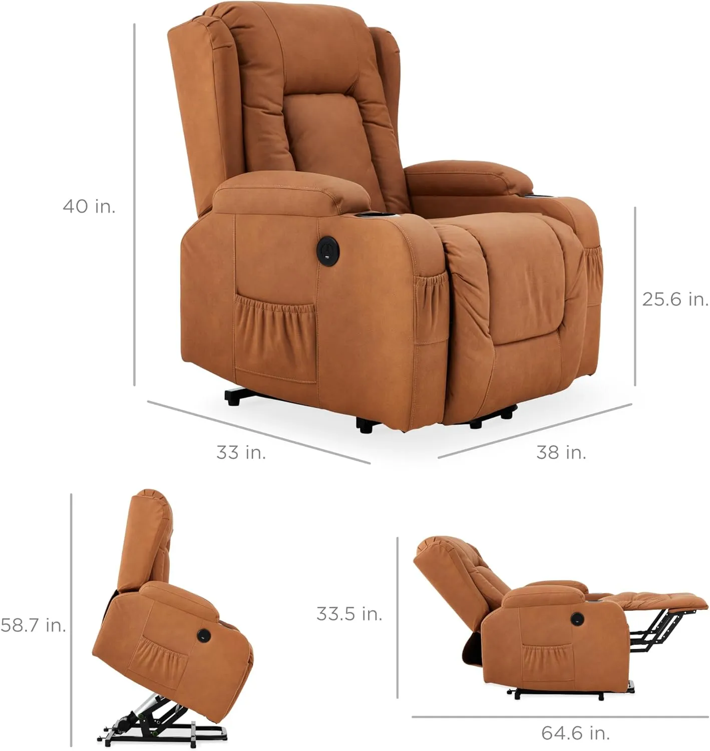Best Choice Products PU Leather Electric Power Lift Chair, Recliner Massage Chair, Adjustable Furniture for Back, Legs w/ 3 Positions, USB Port, Heat, Cupholders, Easy-to-Reach Side Button - Cognac