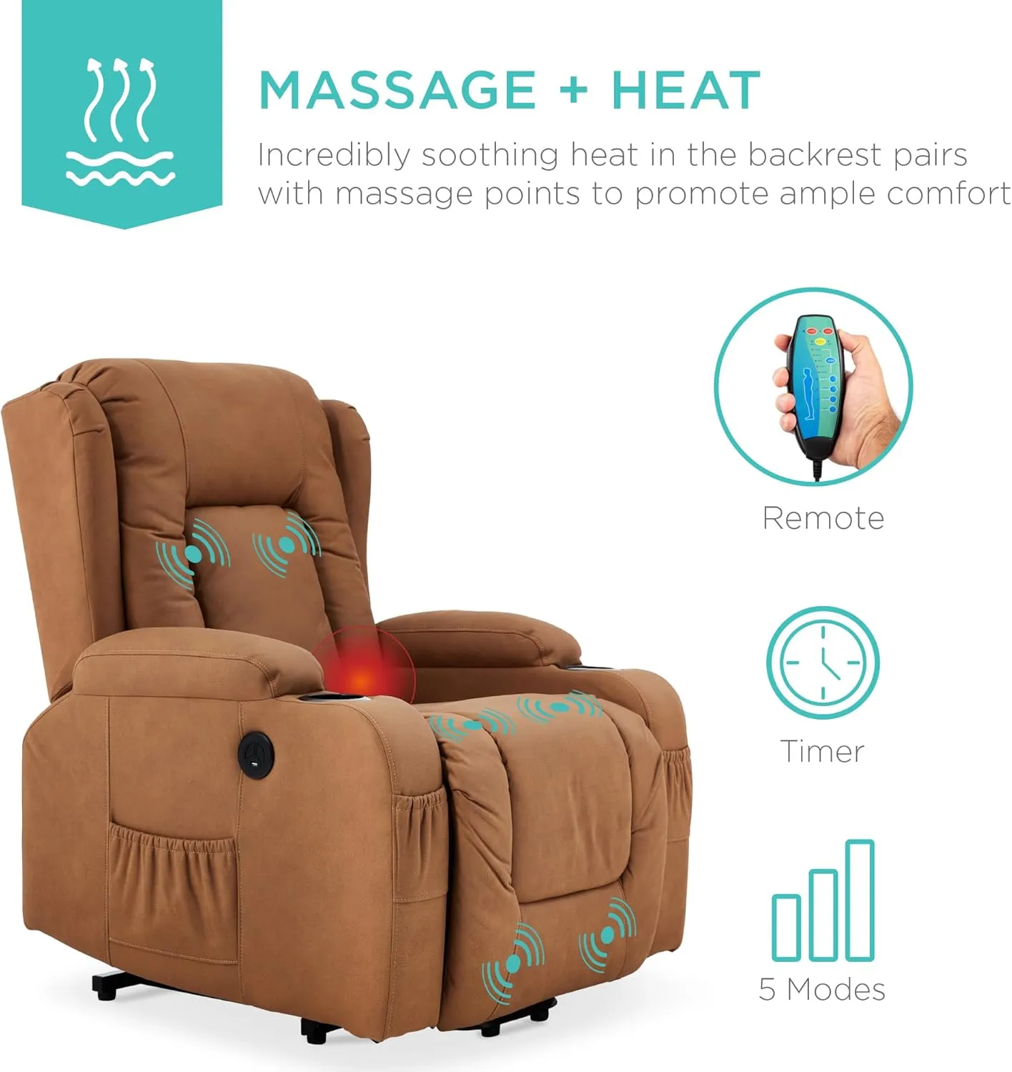 Best Choice Products PU Leather Electric Power Lift Chair, Recliner Massage Chair, Adjustable Furniture for Back, Legs w/ 3 Positions, USB Port, Heat, Cupholders, Easy-to-Reach Side Button - Cognac