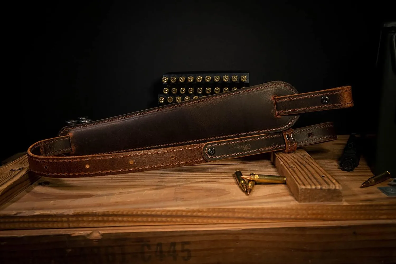BF500 Buffalo Leather Padded Rifle Gun Sling, Crazy Horse/Brown Stitched, Black, Amish Handmade