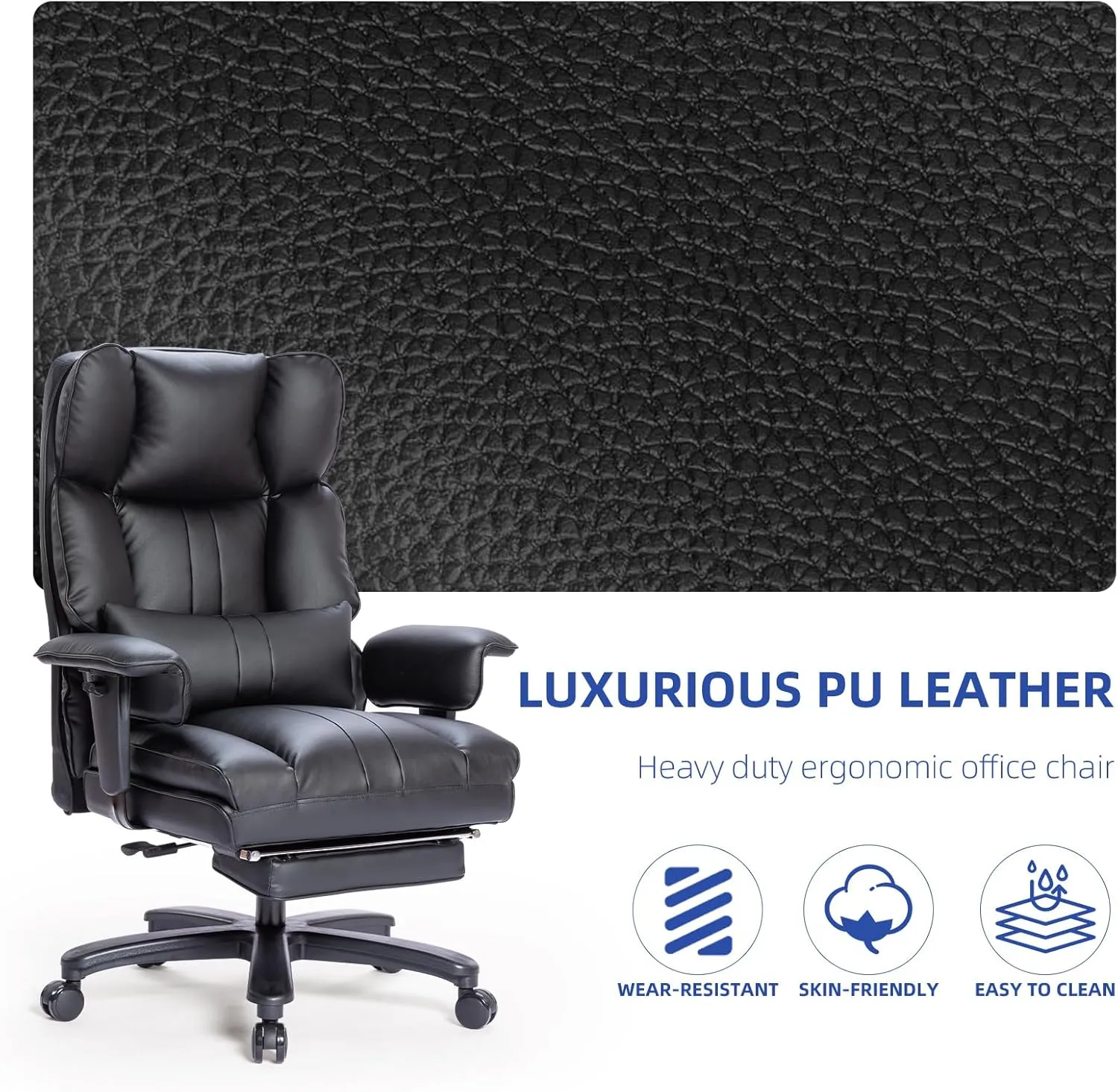Big and Tall Office Chair 500lbs Wide Seat Executive Office Desk Chair High-Back Office Task Chair with Foot Rest, Ergonomic Lumbar Support Computer Office Chairs for Heavy People(Black)