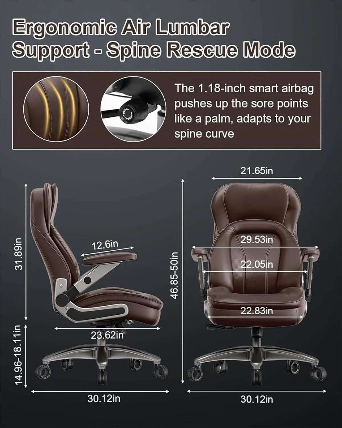 Big and Tall Office Chair, 600lbs Heavy Duty Desk Chair with 5D Arms and Adjustable Lumbar Support, PU Leather High Back Ergonomic Executive Home Office Computer Chair with 3'' Silent Casters