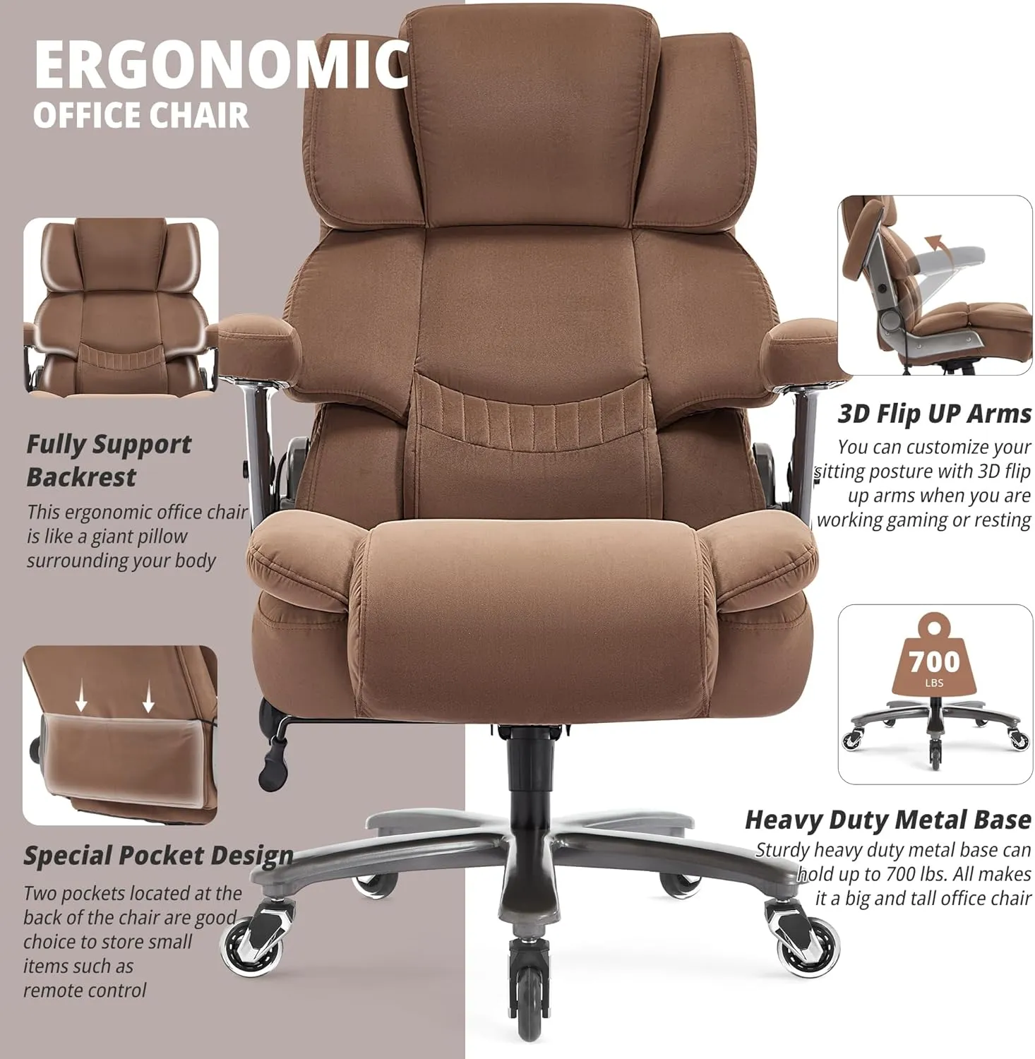Big and Tall Office Chair 700lbs- Fabric High Back Executive Computer Chair with Adjustable Lumbar Support 3D Flip Arms Plus Size Rubber Wheels- Extra Wide Large Desk Chairs, Heavy Duty Metal Base