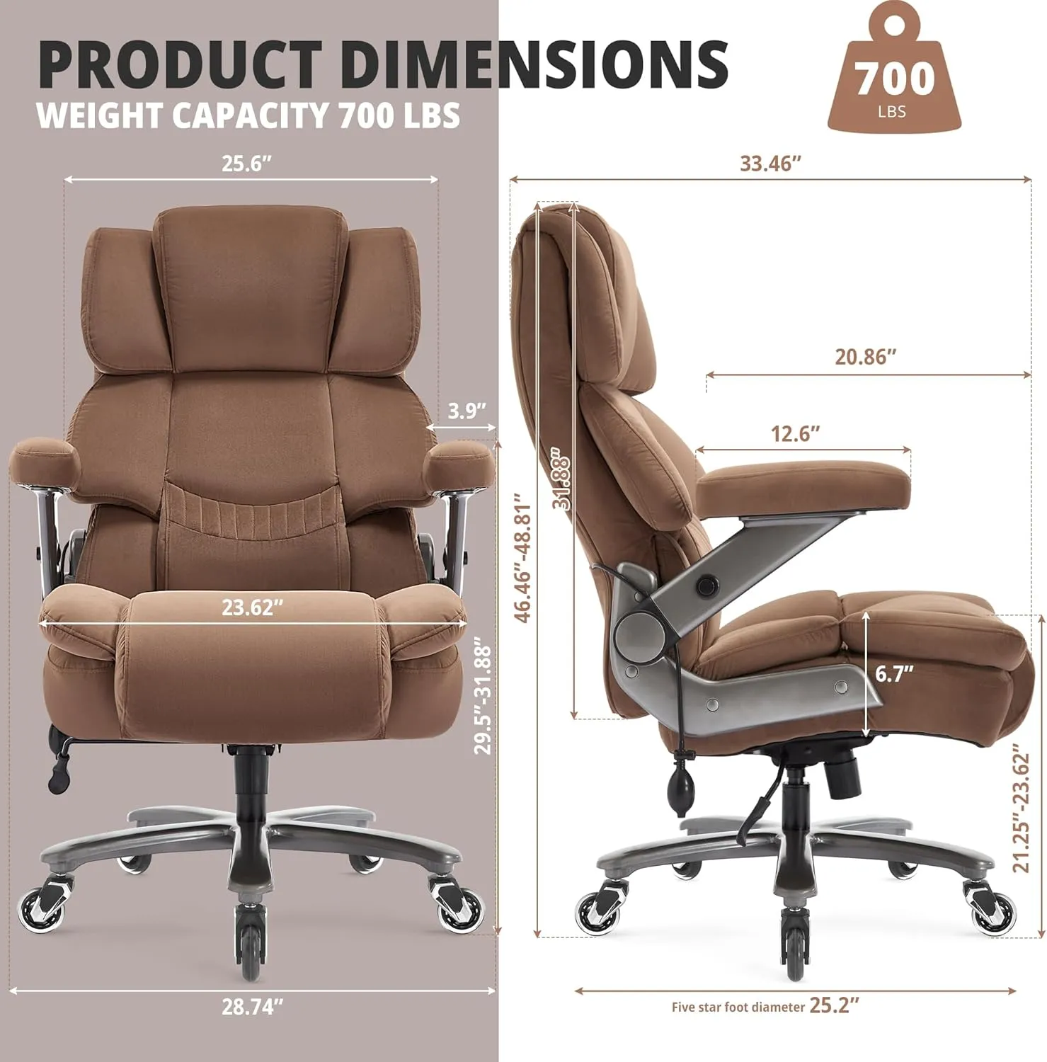 Big and Tall Office Chair 700lbs- Fabric High Back Executive Computer Chair with Adjustable Lumbar Support 3D Flip Arms Plus Size Rubber Wheels- Extra Wide Large Desk Chairs, Heavy Duty Metal Base