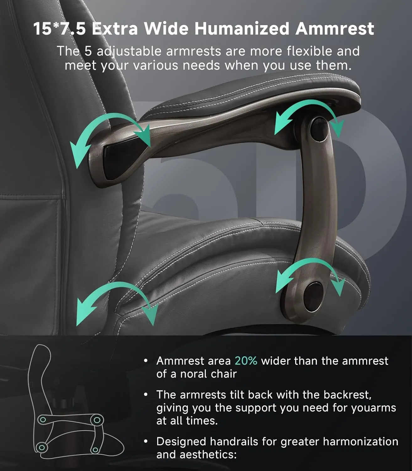 Big and Tall Office Chair with Wide Area Armrest, 600LBS PU Leather Executive Chair, Adjustable Lumbar Support 3'' Double Space Wheel, Managerial Home Desk Heavy Duty Office Chair (Grey-A)