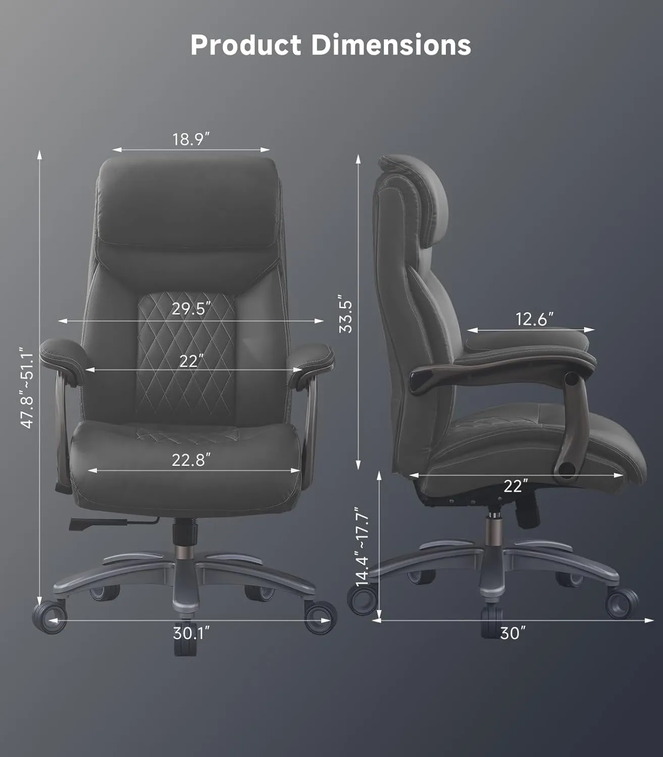 Big and Tall Office Chair with Wide Area Armrest, 600LBS PU Leather Executive Chair, Adjustable Lumbar Support 3'' Double Space Wheel, Managerial Home Desk Heavy Duty Office Chair (Grey-A)