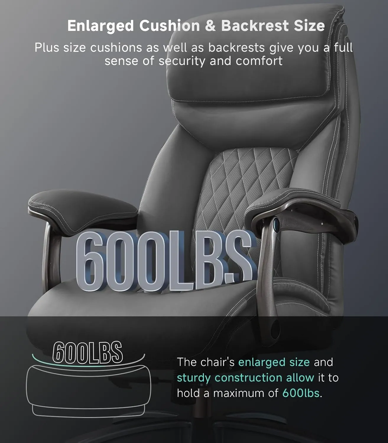 Big and Tall Office Chair with Wide Area Armrest, 600LBS PU Leather Executive Chair, Adjustable Lumbar Support 3'' Double Space Wheel, Managerial Home Desk Heavy Duty Office Chair (Grey-A)