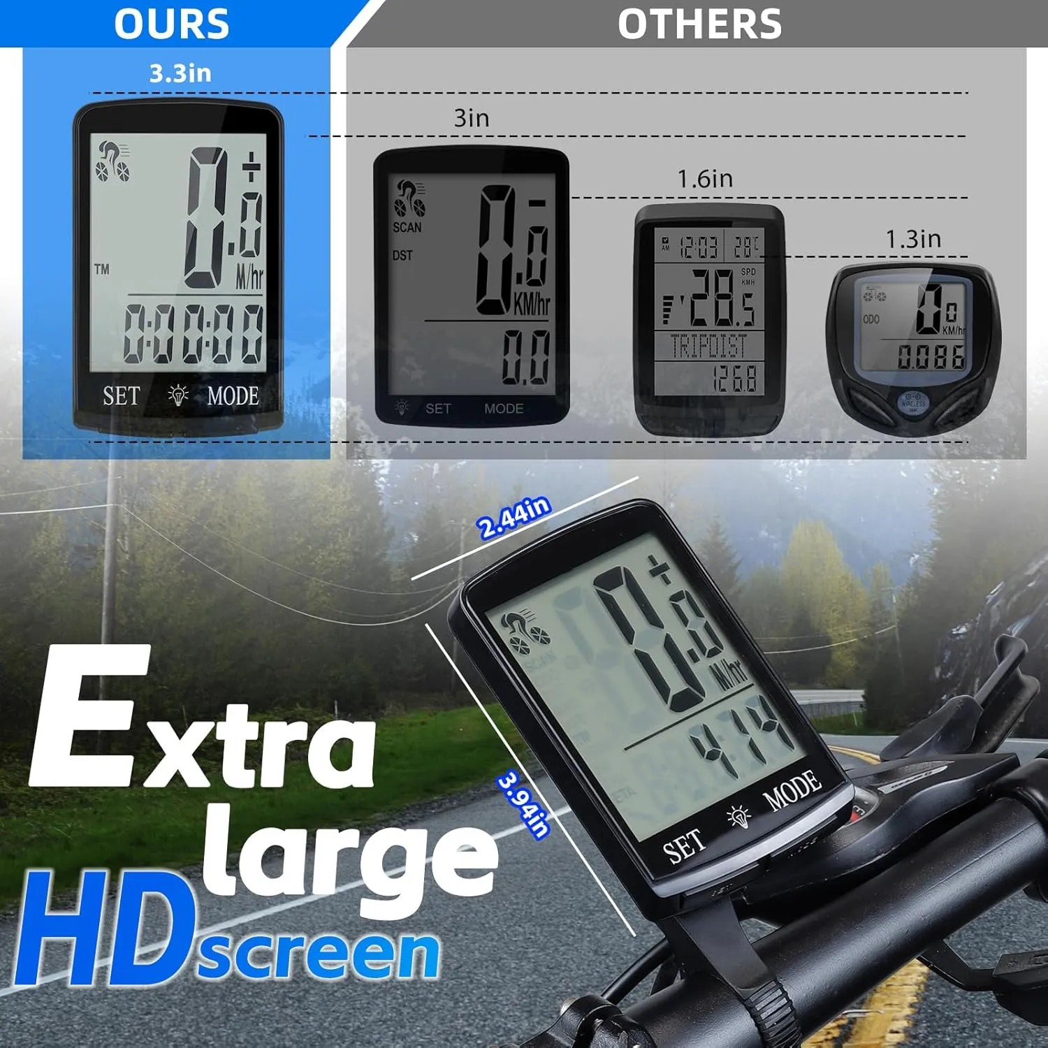Bike Computer and Bicycle Odometer Wireless Big Secrren 3.3IN MPH KM/H Bike Speedometer with Automatic Wake-Up Cycling Old School Speed Tracker Multi-Functions