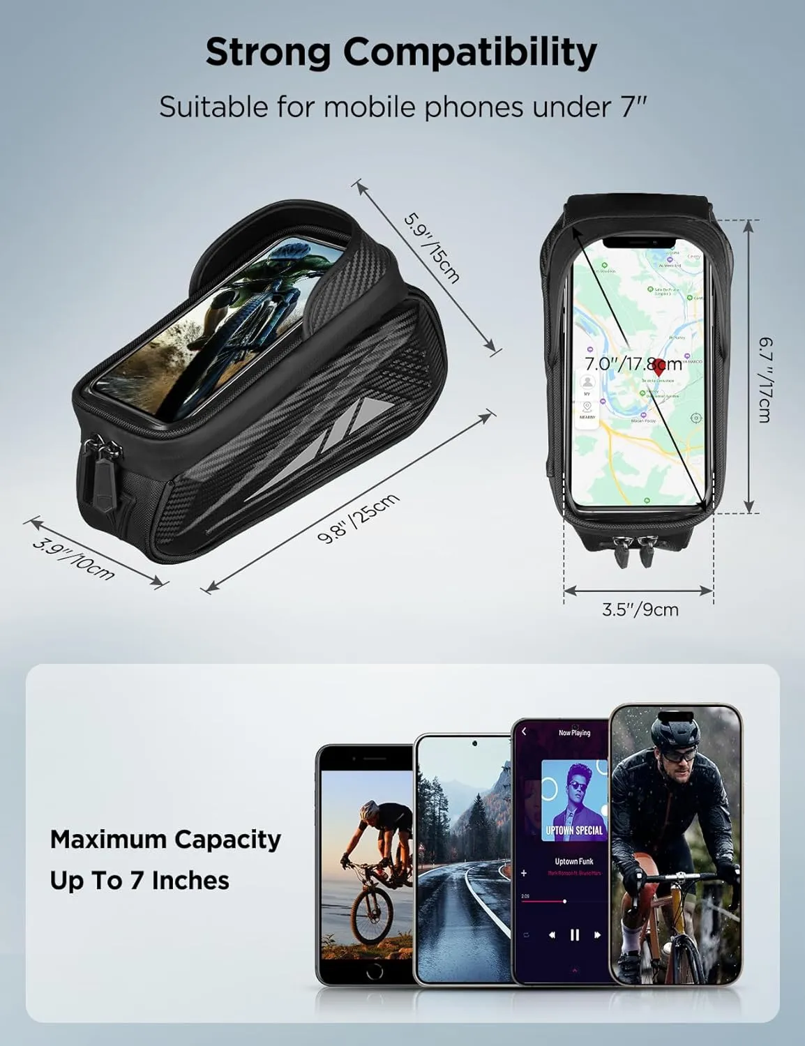 Bike Phone Holder Bag, EVA Waterproof Bicycle Front Frame Bag, Bike Accessories Cycling Pouch with Sensitive TPU Touch-Screen, Bicycle Phone Mount with Rain Cover for Phone under 7" (Black, 7 inch)