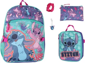 Bioworld Disney Lilo and Stitch Angel 5 Pc Set Backpack Lunch Box Key Chain Pencil Case Scrunchie