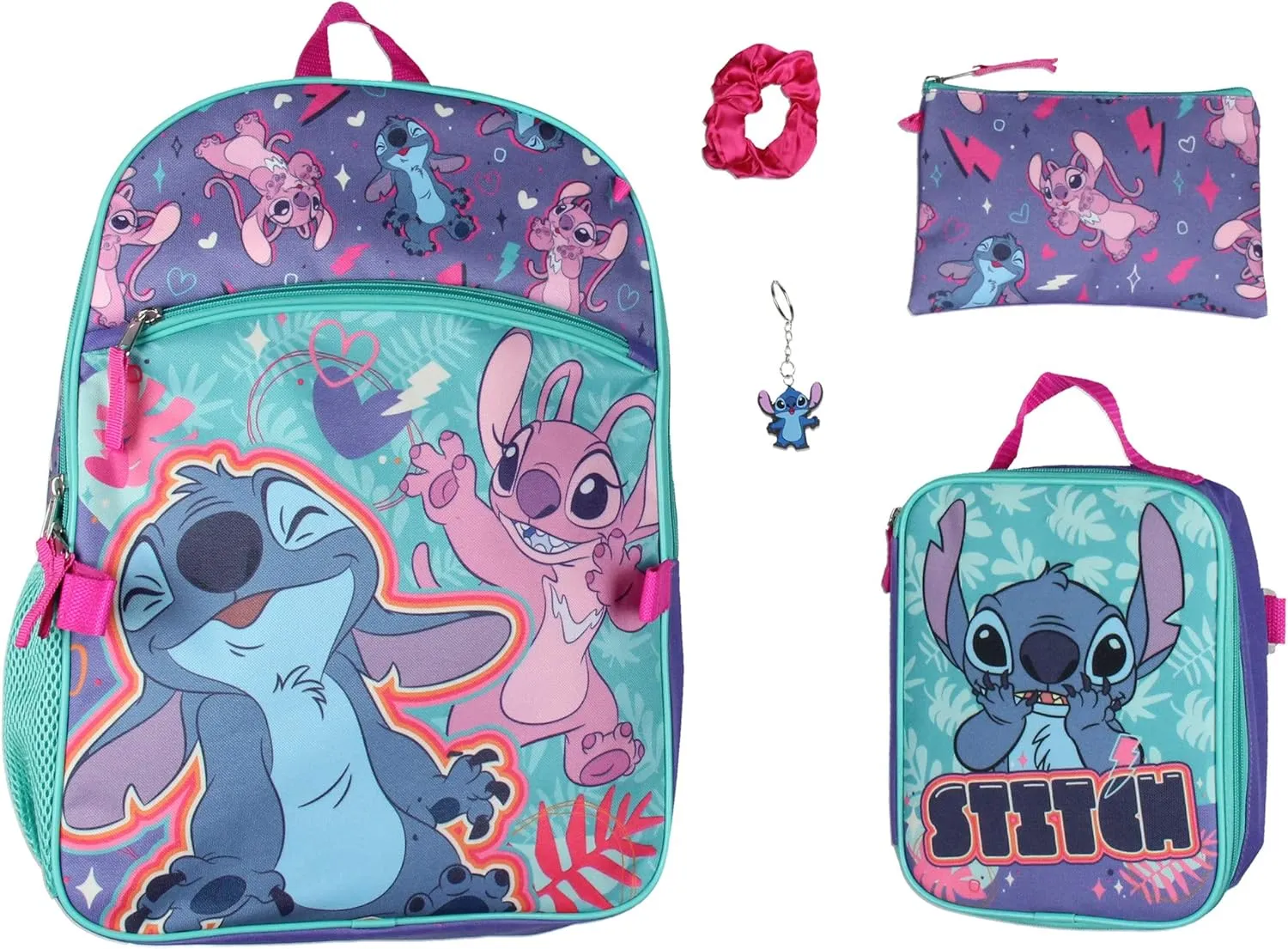 Bioworld Disney Lilo and Stitch Angel 5 Pc Set Backpack Lunch Box Key Chain Pencil Case Scrunchie