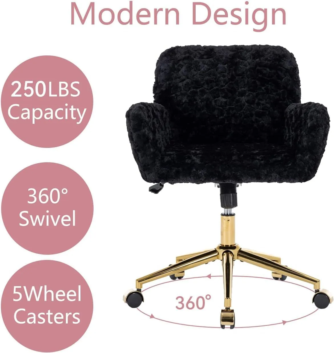 Black Faux Fur Office Chair - Upholstered Swivel Tiltabledesk Chair with Gold Base - Height Adjustable, Makeup Vanity,Cute Kids Size Available