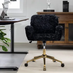 Black Faux Fur Office Chair - Upholstered Swivel Tiltabledesk Chair with Gold Base - Height Adjustable, Makeup Vanity,Cute Kids Size Available