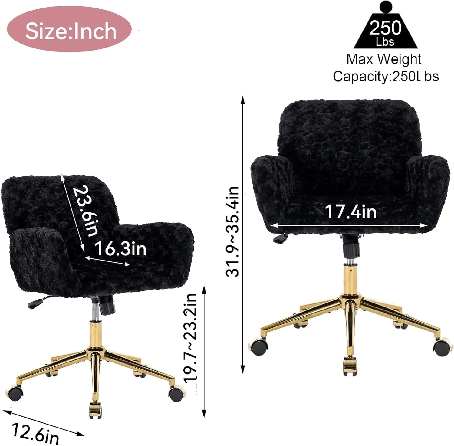 Black Faux Fur Office Chair - Upholstered Swivel Tiltabledesk Chair with Gold Base - Height Adjustable, Makeup Vanity,Cute Kids Size Available