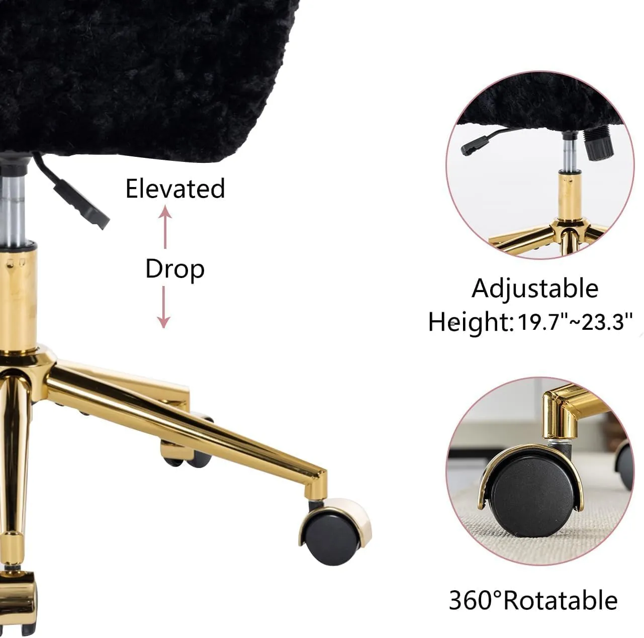 Black Faux Fur Office Chair - Upholstered Swivel Tiltabledesk Chair with Gold Base - Height Adjustable, Makeup Vanity,Cute Kids Size Available