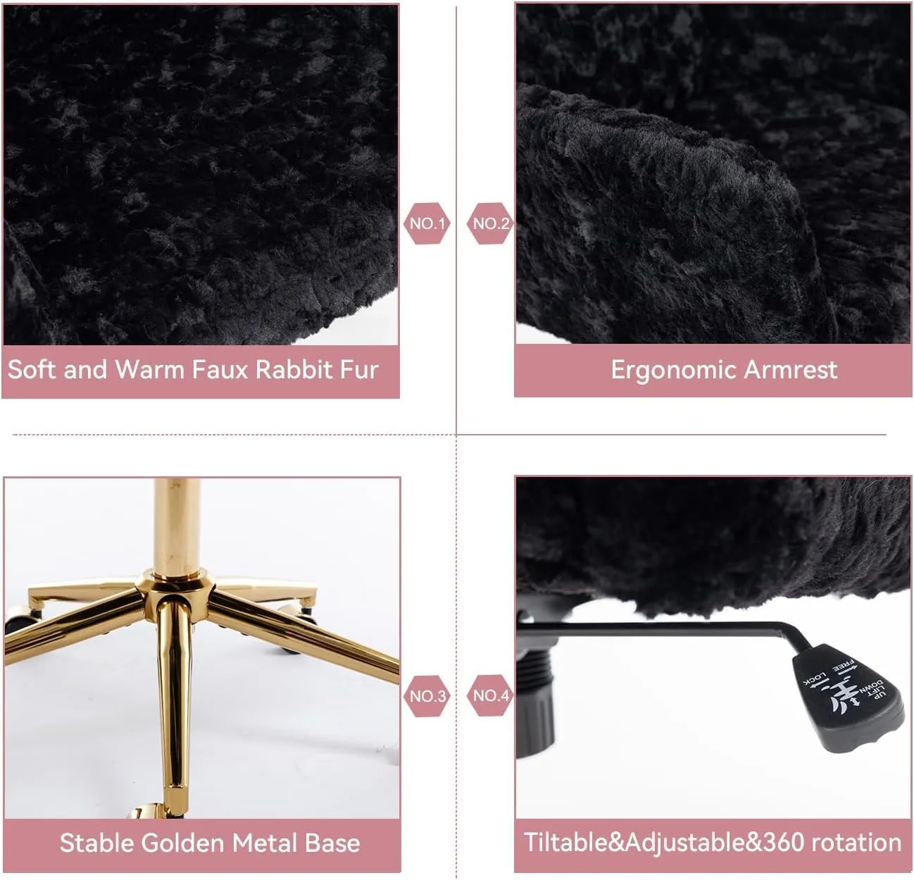 Black Faux Fur Office Chair - Upholstered Swivel Tiltabledesk Chair with Gold Base - Height Adjustable, Makeup Vanity,Cute Kids Size Available