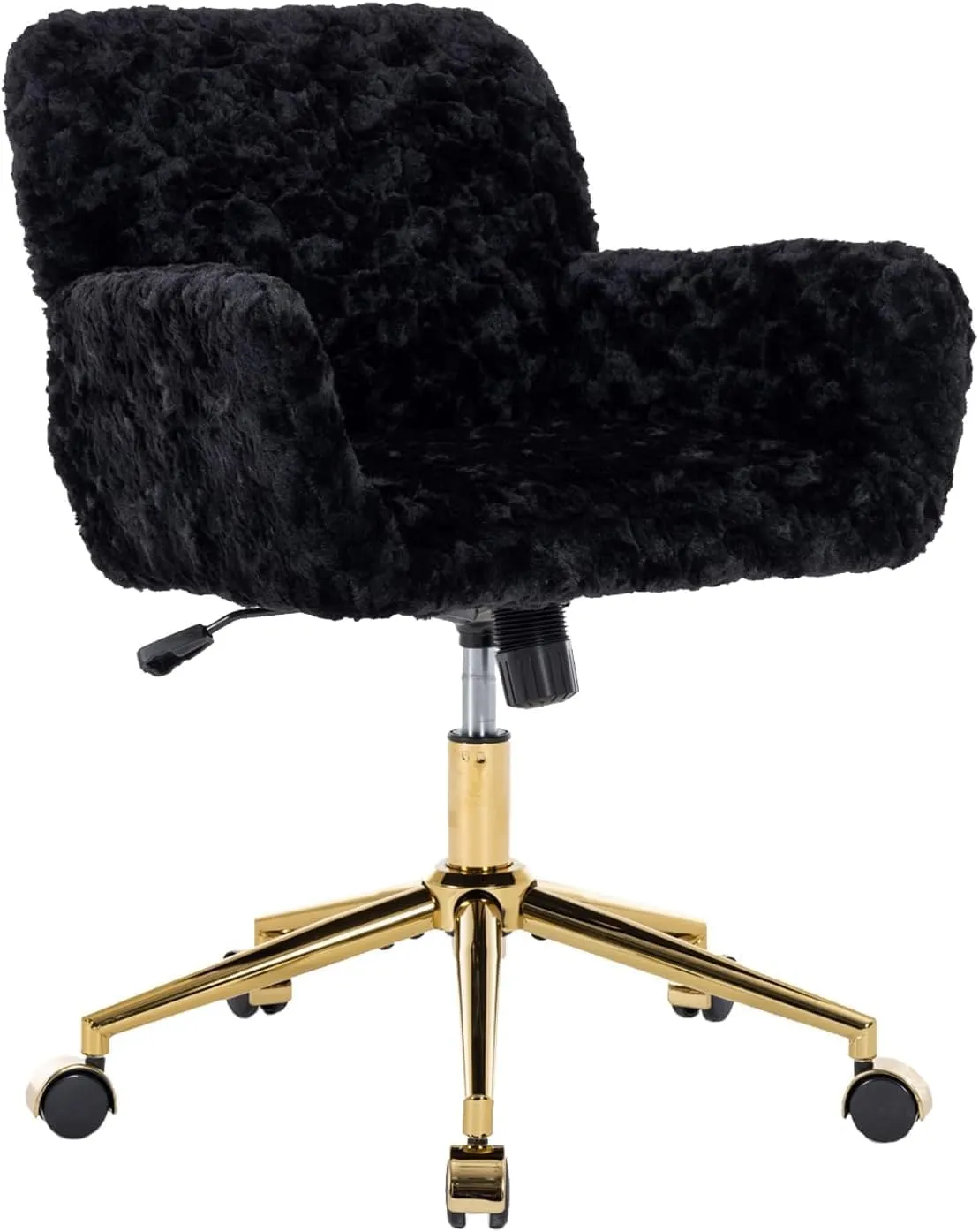 Black Faux Fur Office Chair - Upholstered Swivel Tiltabledesk Chair with Gold Base - Height Adjustable, Makeup Vanity,Cute Kids Size Available