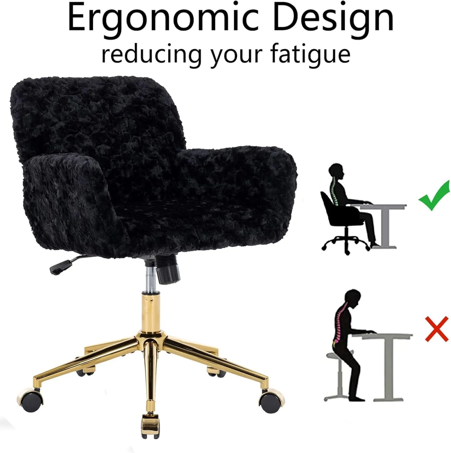 Black Faux Fur Office Chair - Upholstered Swivel Tiltabledesk Chair with Gold Base - Height Adjustable, Makeup Vanity,Cute Kids Size Available