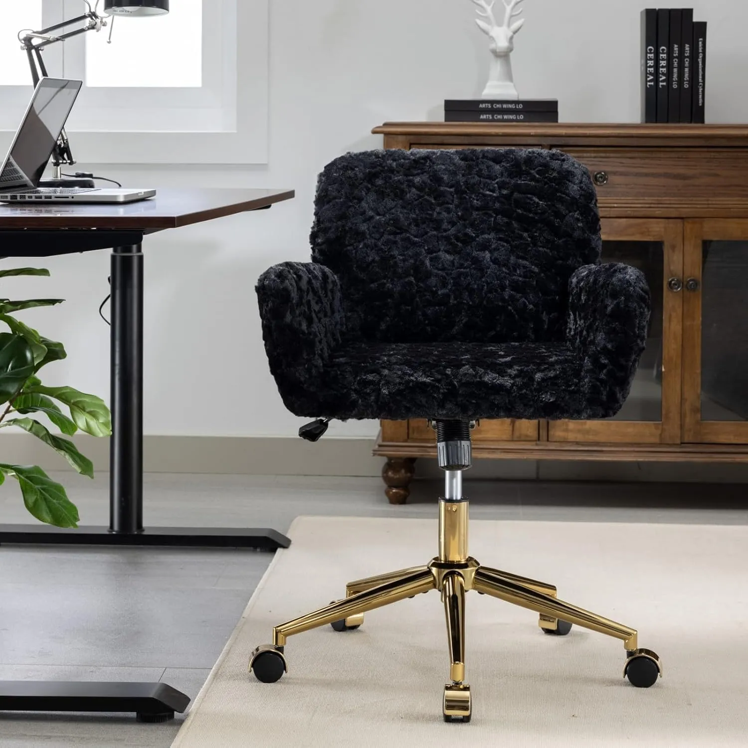Black Faux Fur Office Chair - Upholstered Swivel Tiltabledesk Chair with Gold Base - Height Adjustable, Makeup Vanity,Cute Kids Size Available