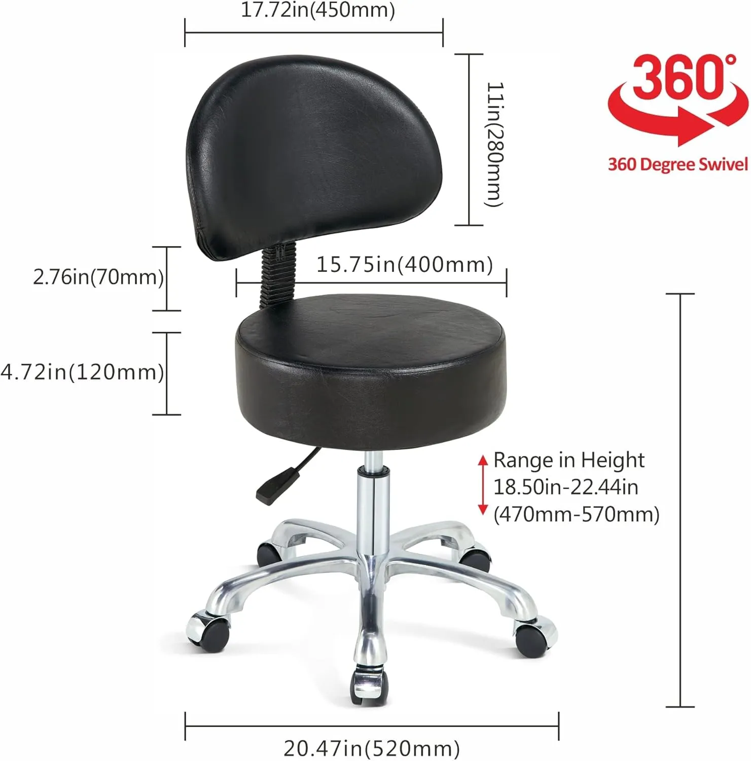 Black Lift Swivel Rolling Stool Round Chair,Thick Sturdy Padding,Adjustable Stool with Wheels for Doctor,Medical,Massage Salon,Office,Shop(with Back, Gray)