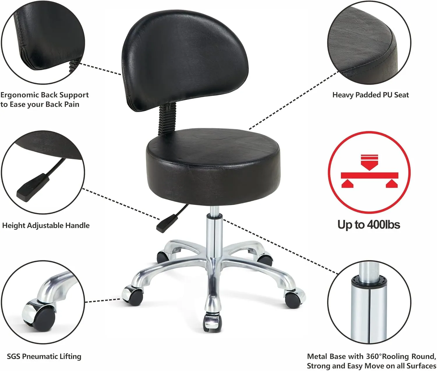 Black Lift Swivel Rolling Stool Round Chair,Thick Sturdy Padding,Adjustable Stool with Wheels for Doctor,Medical,Massage Salon,Office,Shop(with Back, Gray)