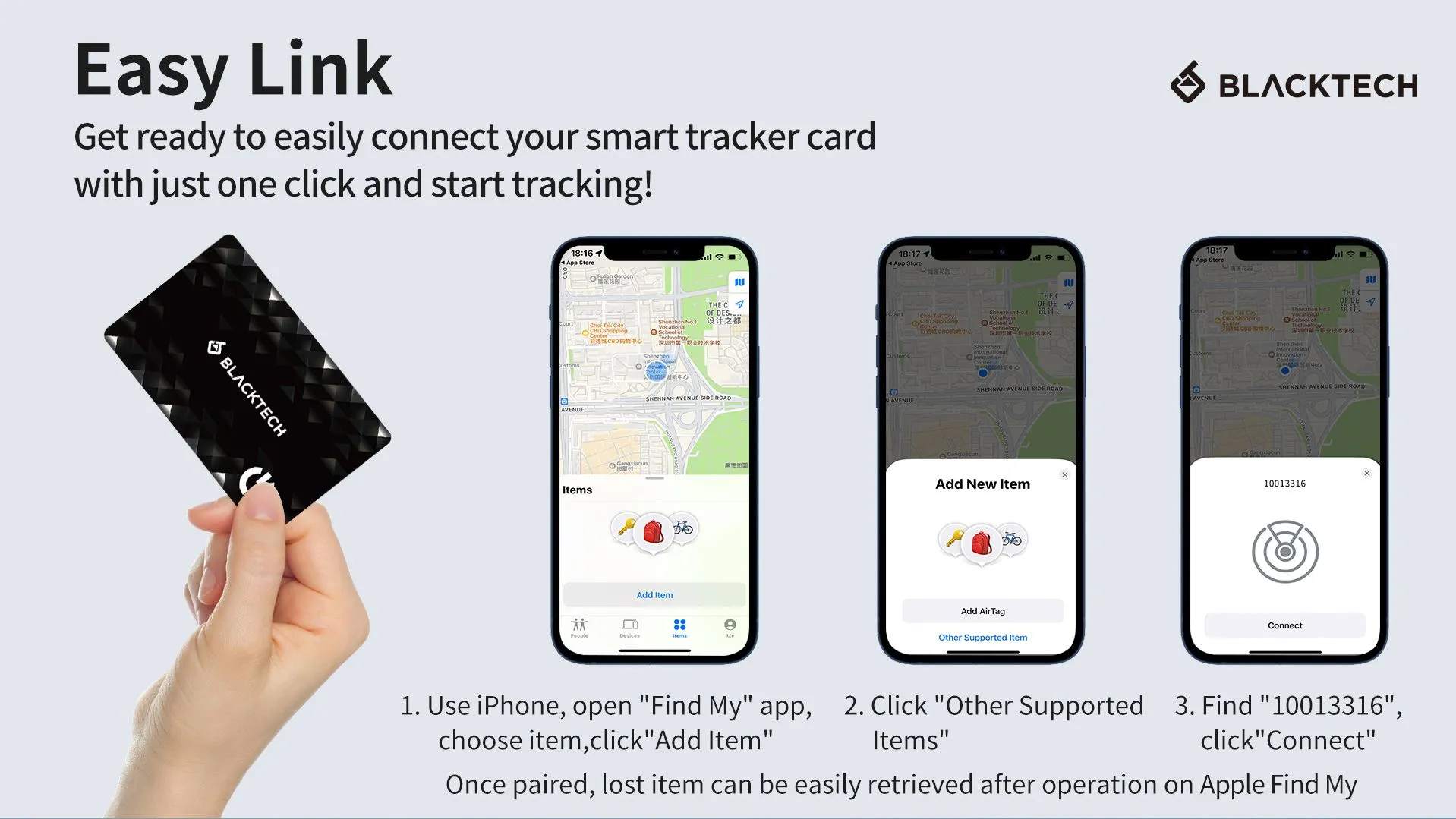 BLACKTECH Smart Tracking Card Anti Lost Device Apple Find My iPhone Certified
