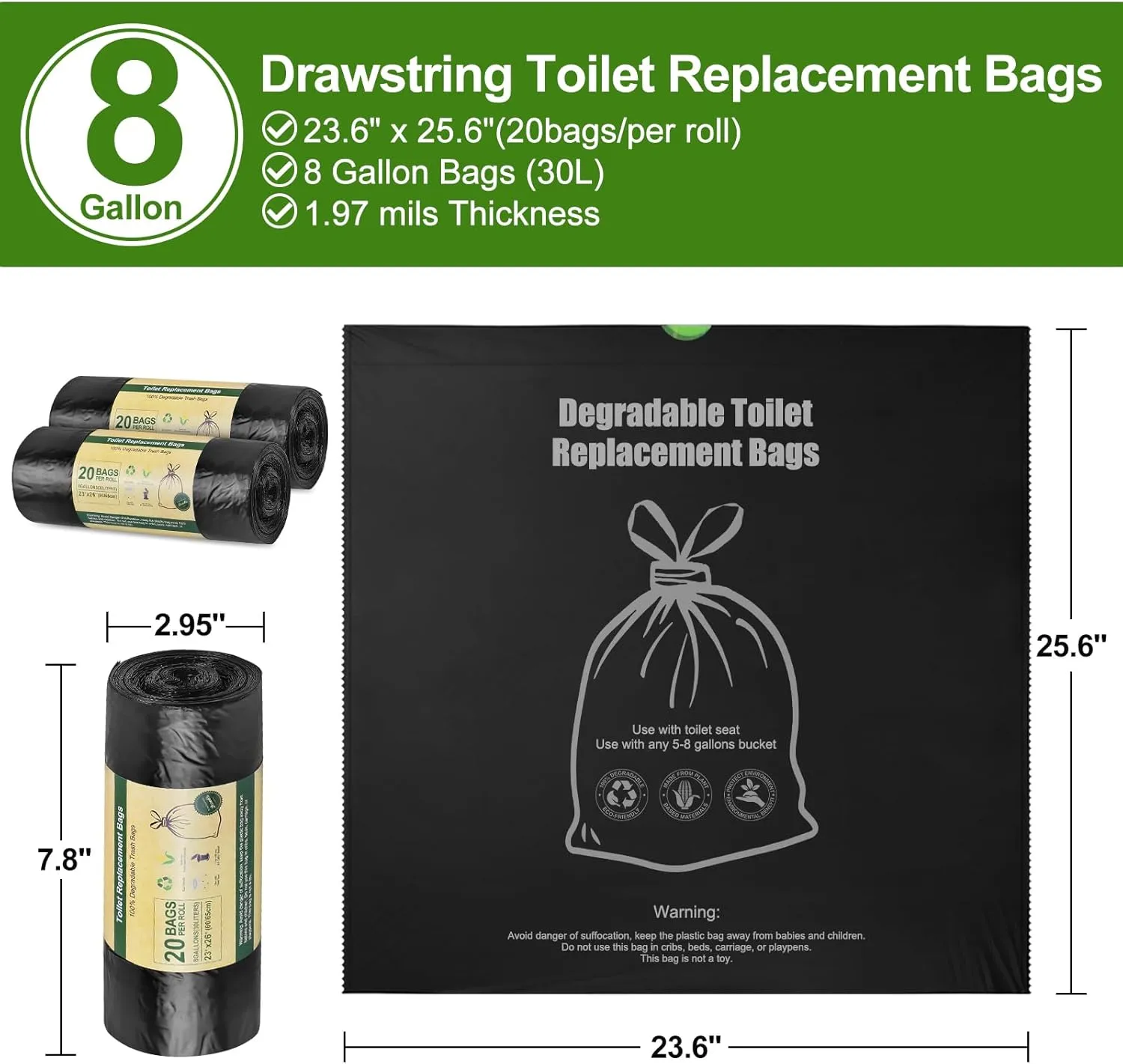 BLIKA Toilet Replacement Bags with Drawstring, 8 Gallon, 30 Liter, Heavy Duty 1.97 Mils, Compost Bags 8 Gallon, Camping Toilet Bags for Portable Toilet, Car Travel, Camping, Long Trips