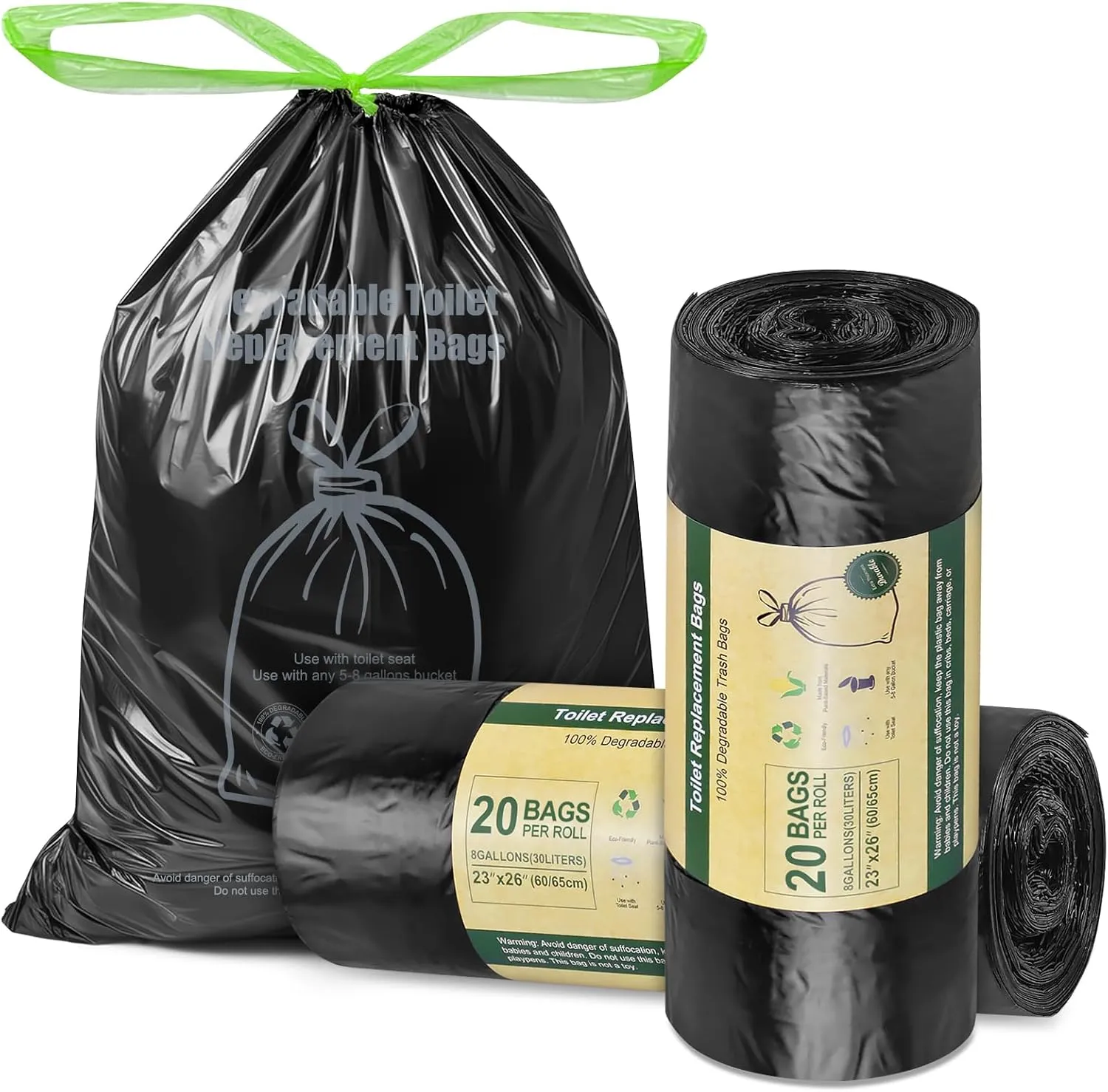 BLIKA Toilet Replacement Bags with Drawstring, 8 Gallon, 30 Liter, Heavy Duty 1.97 Mils, Compost Bags 8 Gallon, Camping Toilet Bags for Portable Toilet, Car Travel, Camping, Long Trips