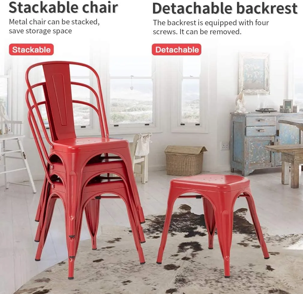 BLKMTY Kitchen Metal Chairs Dining Chair Set of 4 Indoor-Outdoor Chair Tolix Chairs Patio Chair Side Bar Chair with Back, Red