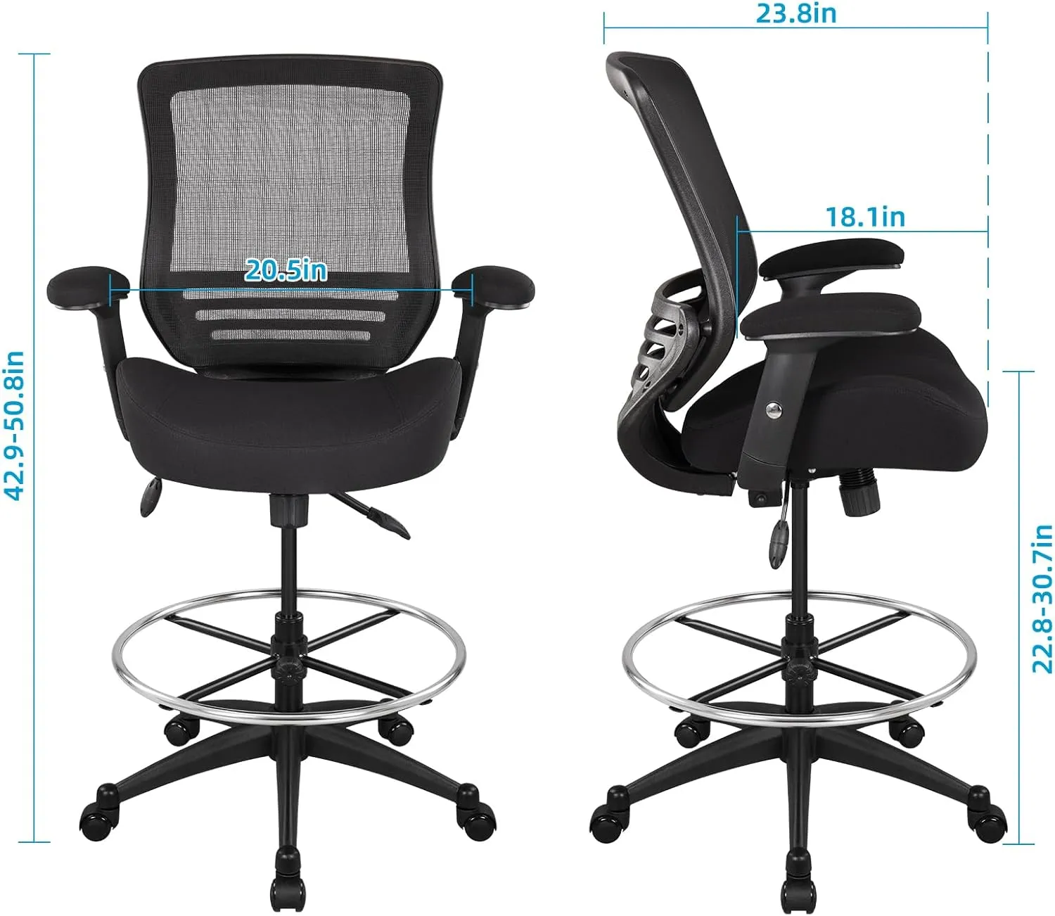 BOLISS 400lbs Mesh Ergonomic Office Drafting Chair Big Adjustable Foot Ring Height Adjustable Armrest(Black)