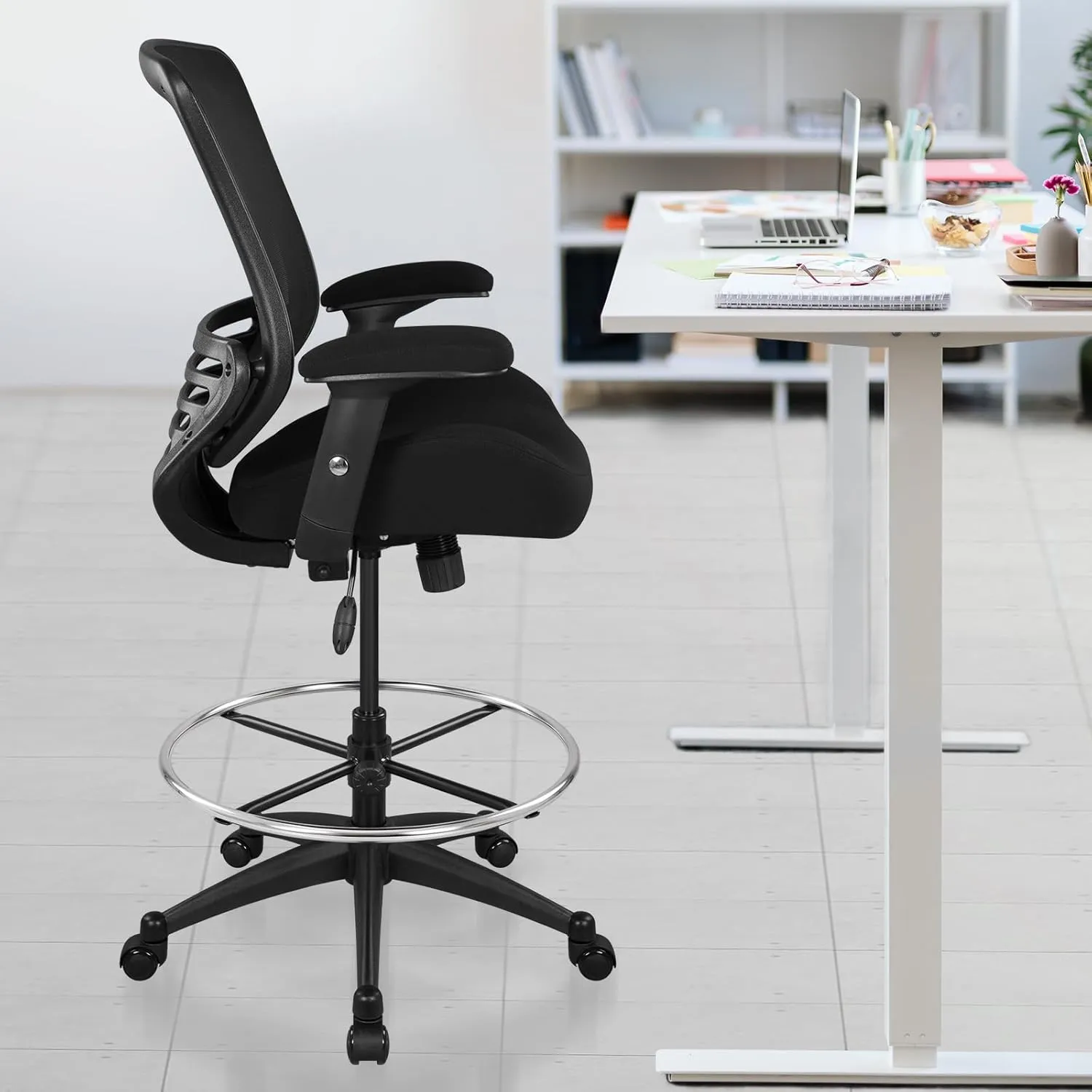 BOLISS 400lbs Mesh Ergonomic Office Drafting Chair Big Adjustable Foot Ring Height Adjustable Armrest(Black)