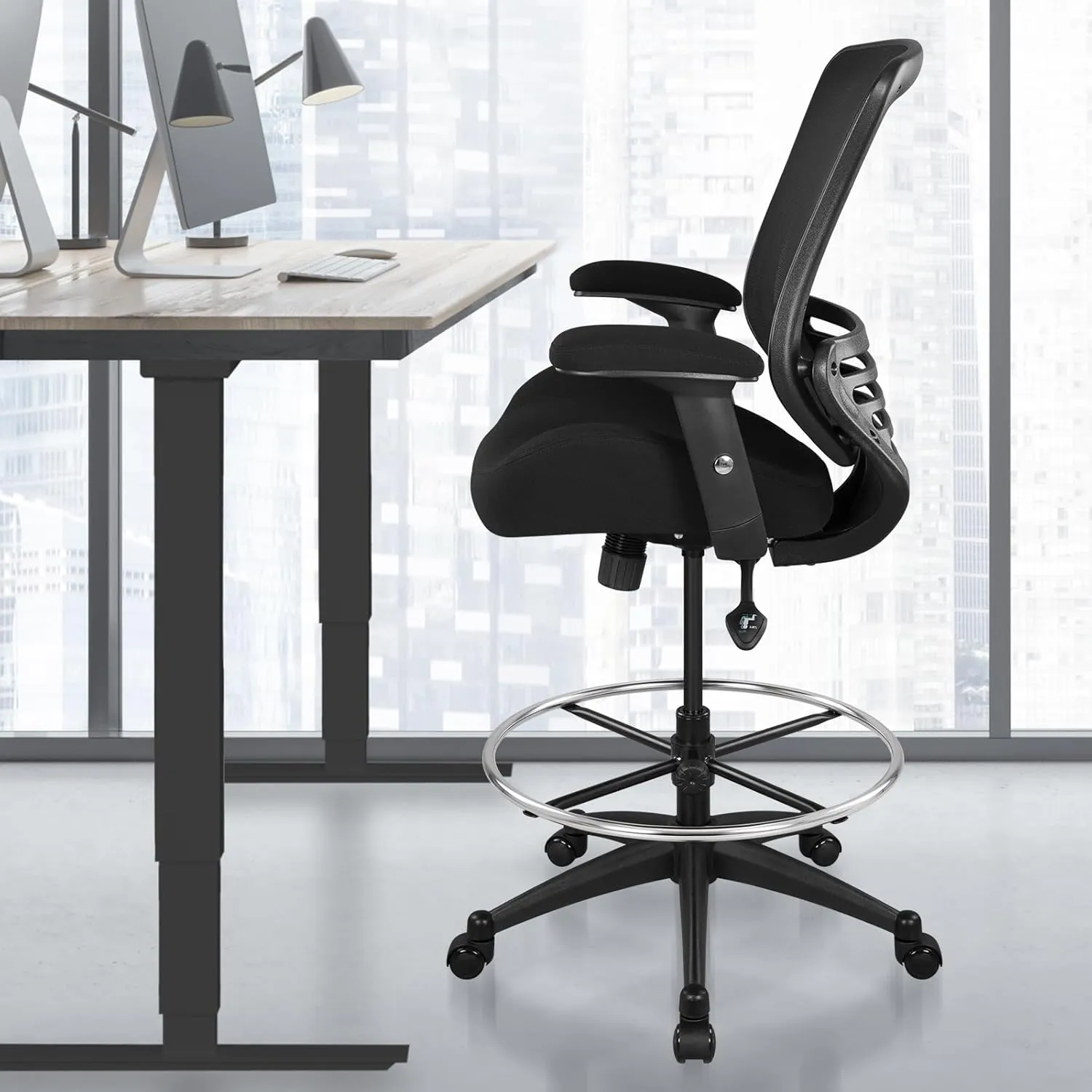BOLISS 400lbs Mesh Ergonomic Office Drafting Chair Big Adjustable Foot Ring Height Adjustable Armrest(Black)