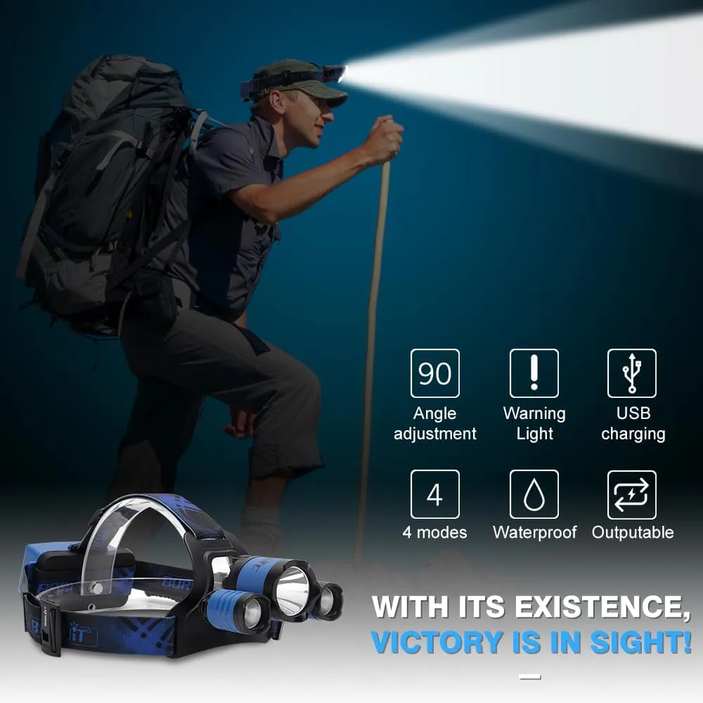 BORUIT B21 Headlamp Rechargeable, LED Super Bright Head Lights for Forehead, Battery Powered, 4 Modes Head Lamp 90° Adjustable, IPX5 Waterproof