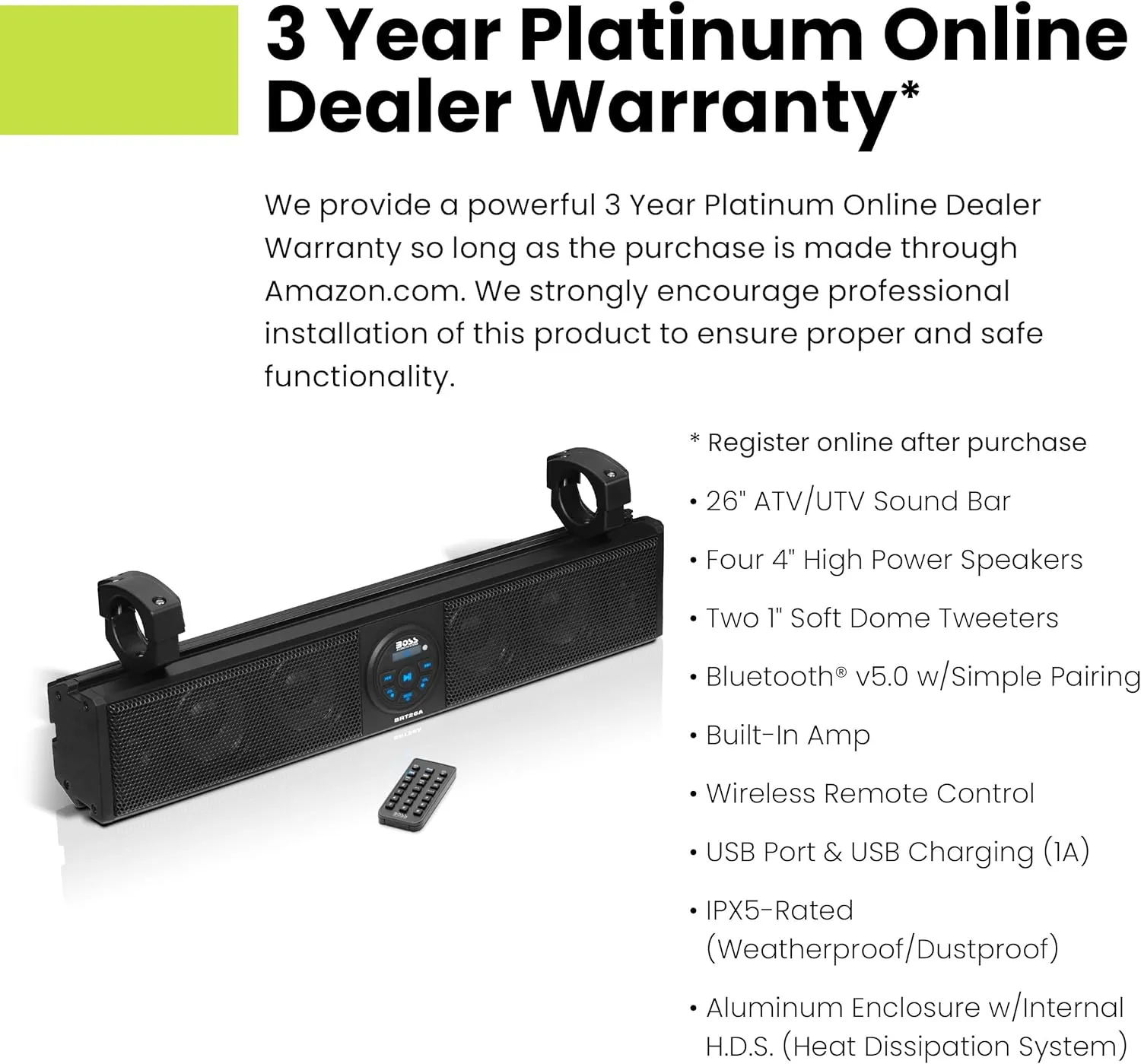 BOSS Audio Systems BRT26A ATV UTV Sound Bar - 26 Inch Wide, 4 Inch Speakers, 1 Inch Soft Dome Tweeters, Full Range, IPX5 Weatherproof, Bluetooth, Built-in Amplifier, Golf Cart Compatible