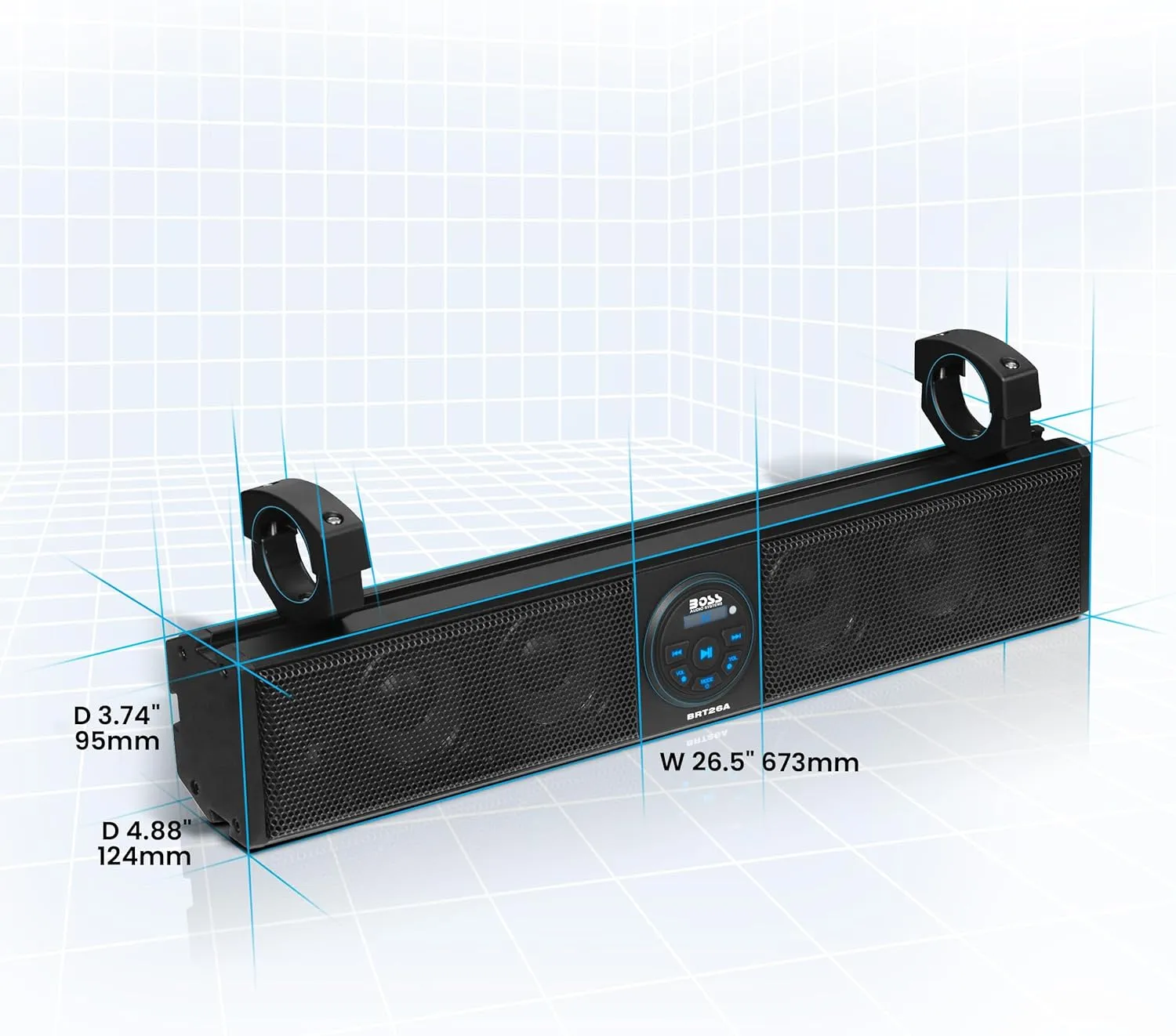 BOSS Audio Systems BRT26A ATV UTV Sound Bar - 26 Inch Wide, 4 Inch Speakers, 1 Inch Soft Dome Tweeters, Full Range, IPX5 Weatherproof, Bluetooth, Built-in Amplifier, Golf Cart Compatible