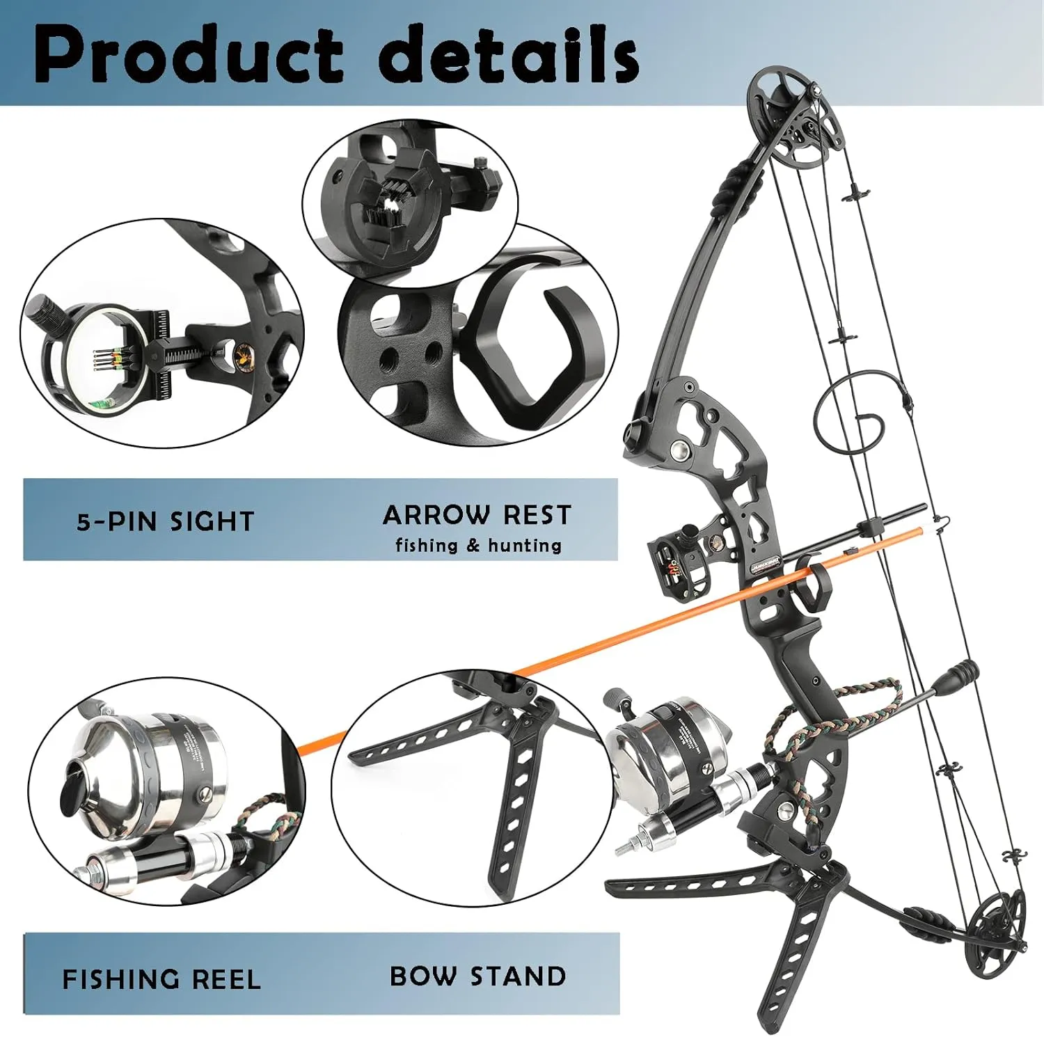 Bowfishing Compound Bow Kit Ready to Fish Kit with Bowfishing Reel, Bow Fishing Arrows Right & Left Hand for Adult/Youth Fishing Hunting, Target Shooting