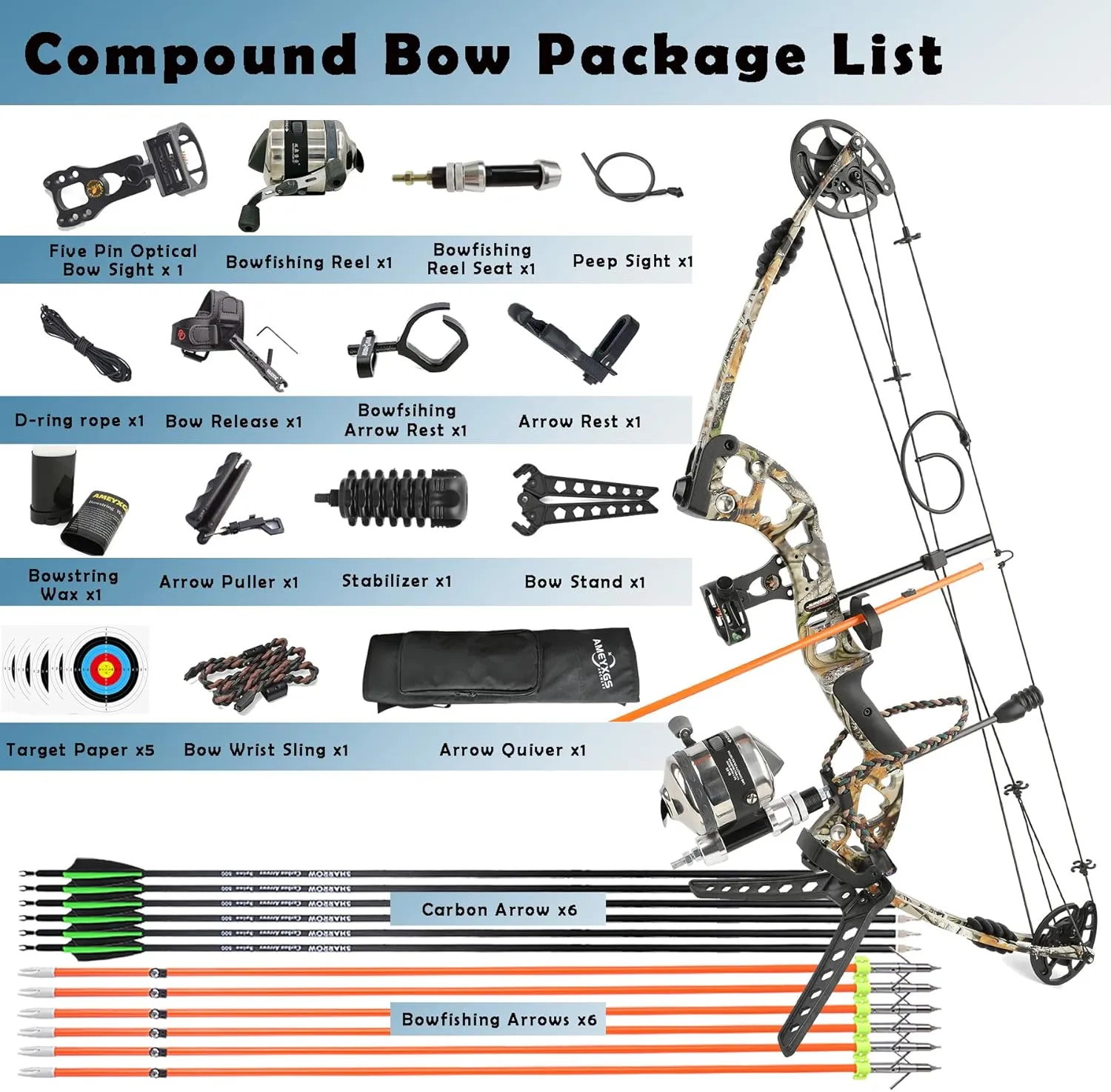 Bowfishing Compound Bow Kit Ready to Fish Kit with Bowfishing Reel, Bow Fishing Arrows Right & Left Hand for Adult/Youth Fishing Hunting, Target Shooting