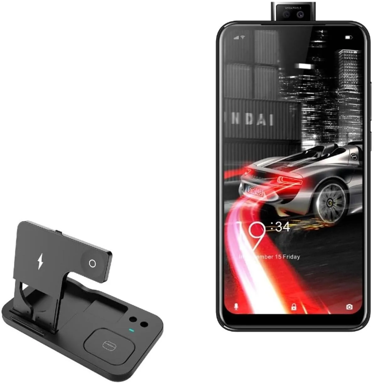 BoxWave Charger Compatible with Elephone PX - Wireless MultiCharge Desktop Stand Pro, Qi Wireless 4 in1 Charger Stand Multiple Devices - Jet Black