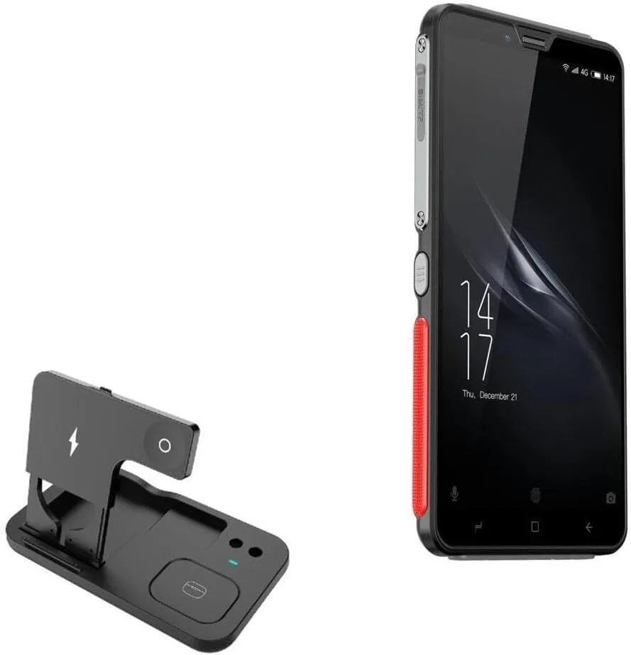 BoxWave Charger Compatible with Elephone Soldier - Wireless MultiCharge Desktop Stand Pro, Qi Wireless 4 in1 Charger Stand Multiple Devices - Jet Black