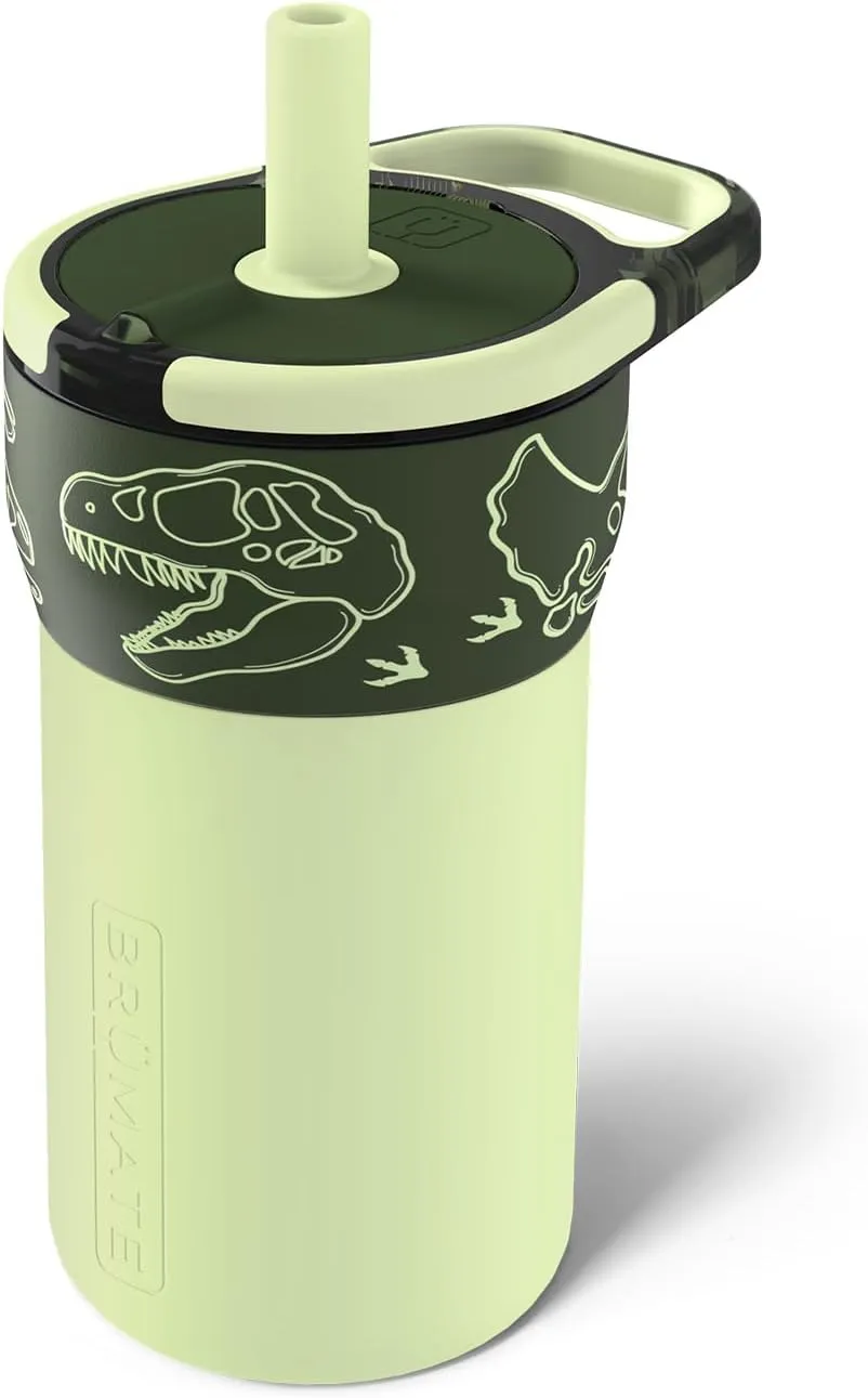 BrüMate Leap 12oz 100% Leakproof Kids Tumbler with Handle and Silicone Soft Straw | Drop Resistant Silicone Sleeve | For Kids 4  | Insulated Stainless Steel | Cup Holder Friendly | 12oz (Dinos)