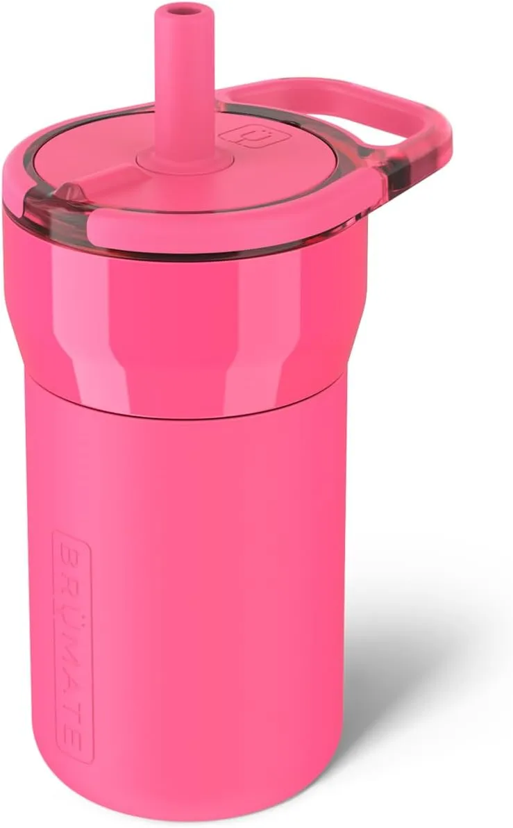 BrüMate Leap 12oz 100% Leakproof Kids Tumbler with Handle and Silicone Soft Straw | Drop Resistant Silicone Sleeve | For Kids 4  | Insulated Stainless Steel | Cup Holder Friendly | 12oz (Neon Pink)