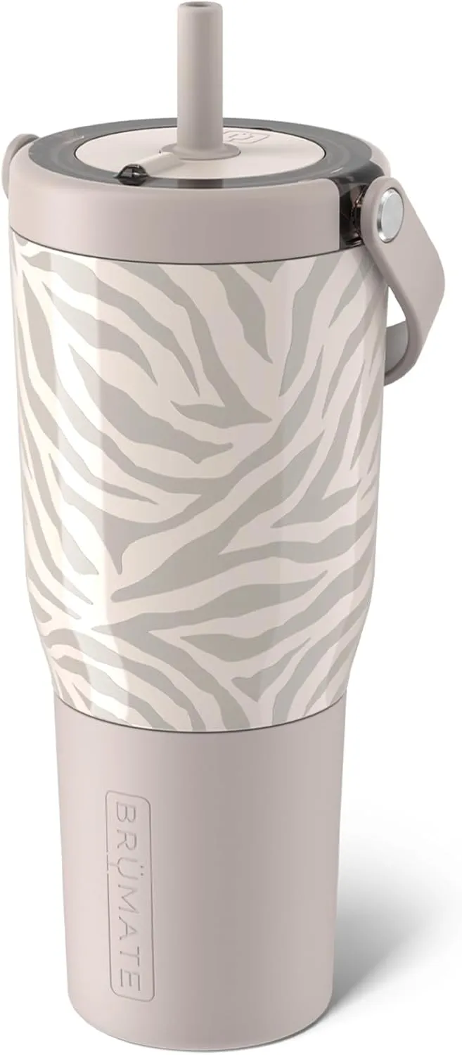 BrüMate Resa 35oz 100% Leakproof Travel Tumbler w/Handle & Straw | Flexible Soft Sip Straw | Silicone Sleeve for Durability | Made of Stainless Steel | Cup Holder & Travel Friendly | (Zebra)