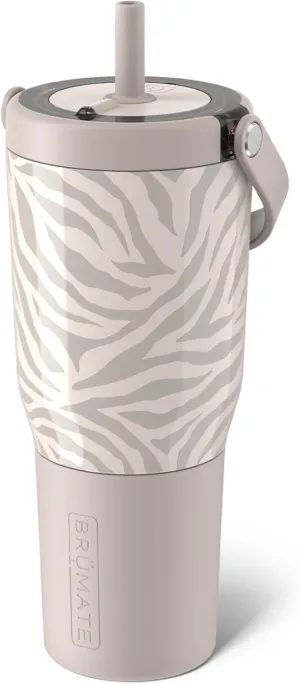 BrüMate Resa 35oz 100% Leakproof Travel Tumbler w/Handle & Straw | Flexible Soft Sip Straw | Silicone Sleeve for Durability | Made of Stainless Steel | Cup Holder & Travel Friendly | (Zebra)