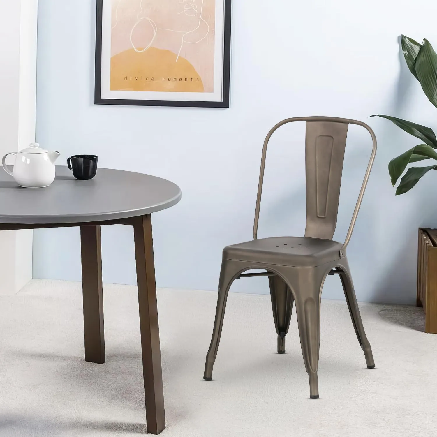 Bronze Dining Chairs Set of 4, Modern Style, Stackable, Metal, Tolix Side Bar Chairs, 18' Seat Height, Indoor/Outdoor Patio Chairs