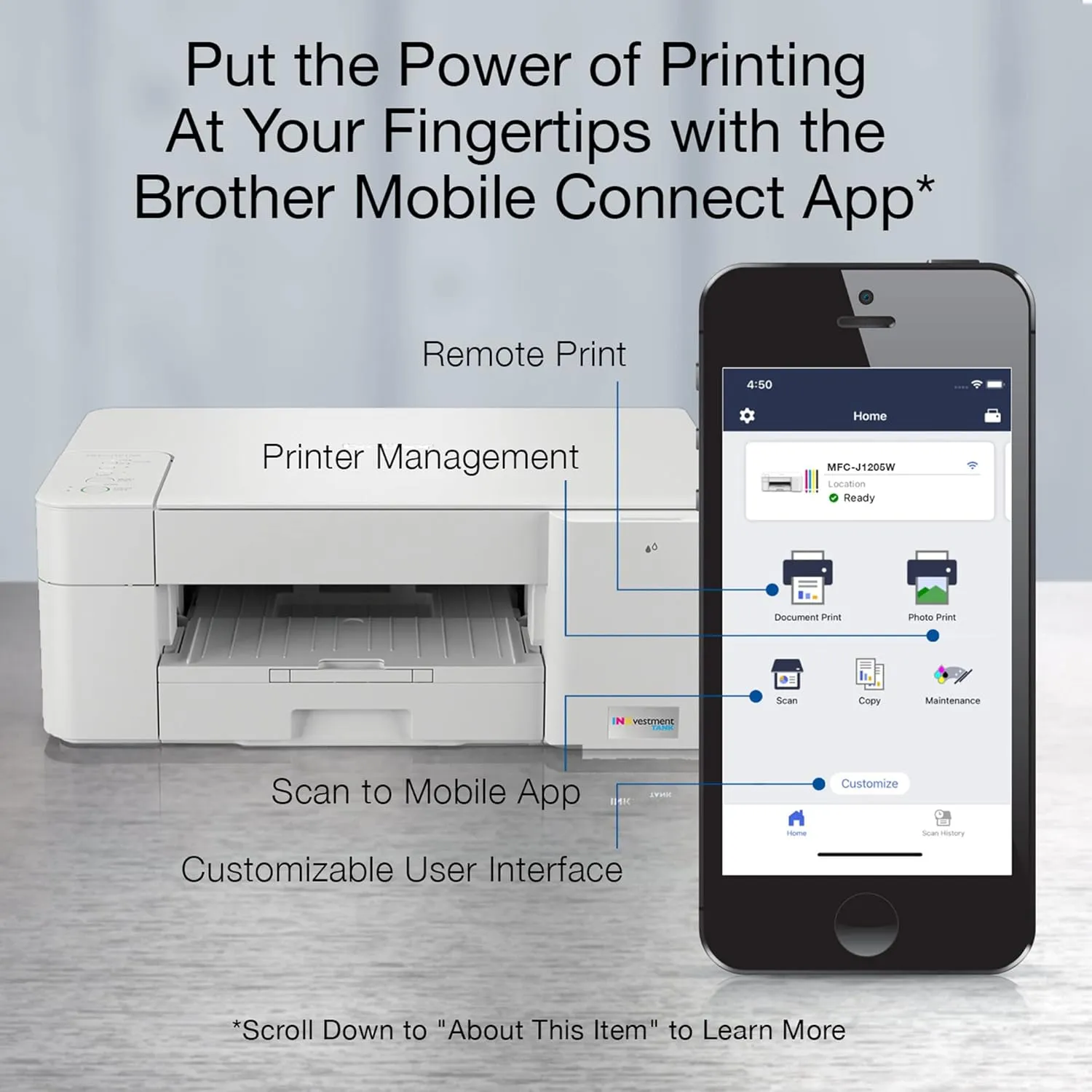Brother MFC-J1205W INKvestment -Tank Wireless Multi-Function Color Inkjet Printer with Up to 1-Year in Box, Works with Alexa