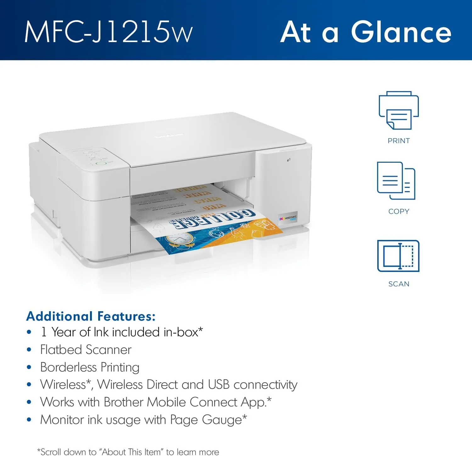 Brother MFC-J1215W INKvestment -Tank Wireless Multi-Function Color Inkjet Printer with Up to 1-Year in Box
