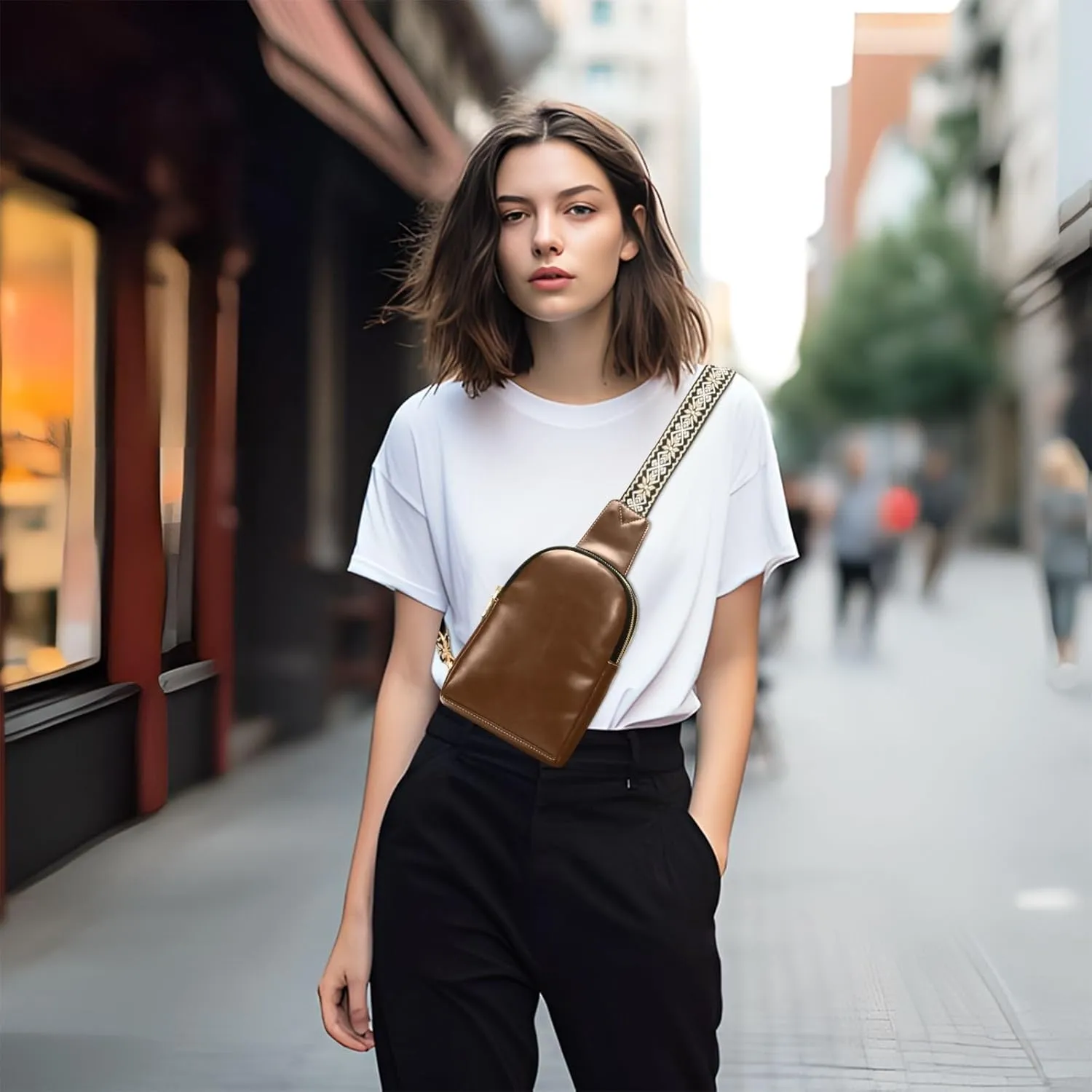 Brown Sling Bag for Women Men Fanny Packs Small Crossbody Bags for Women Leather Fashion Waist Packs Belt Bag Waterproof Chest Bag for Sport Hiking Travel Running