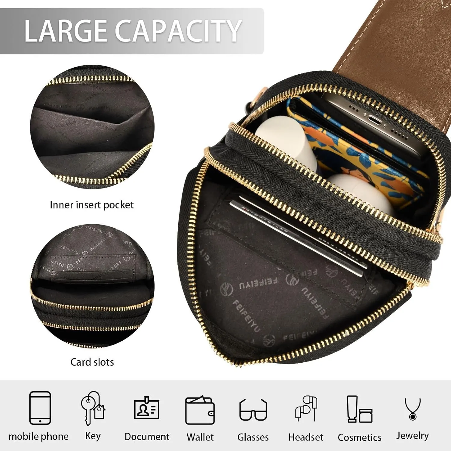 Brown Sling Bag for Women Men Fanny Packs Small Crossbody Bags for Women Leather Fashion Waist Packs Belt Bag Waterproof Chest Bag for Sport Hiking Travel Running