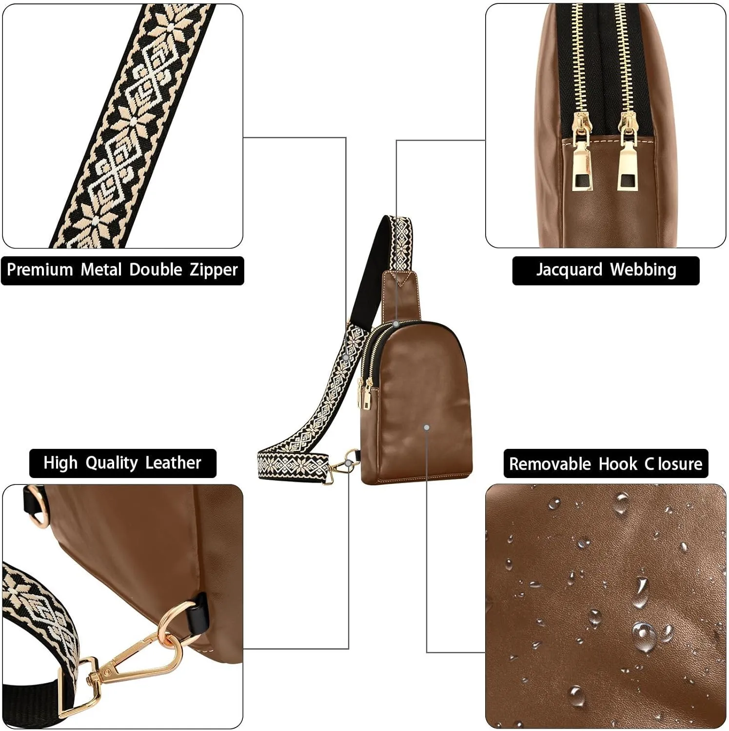 Brown Sling Bag for Women Men Fanny Packs Small Crossbody Bags for Women Leather Fashion Waist Packs Belt Bag Waterproof Chest Bag for Sport Hiking Travel Running